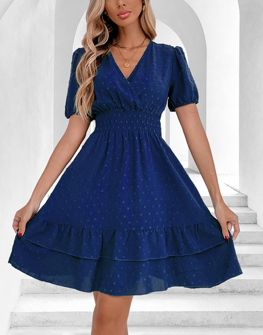 Vangreynve Damen Minikleid V-Ausschnitt A-Linie Kleider Elegant Hohe Taille Langarm Freizeitkleid
