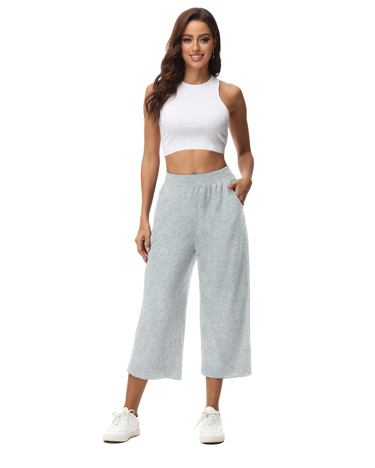 Damen 3/4 Culotte Hose leicht Sommerhose aus Baumwolle Jogginghose mit Taschen