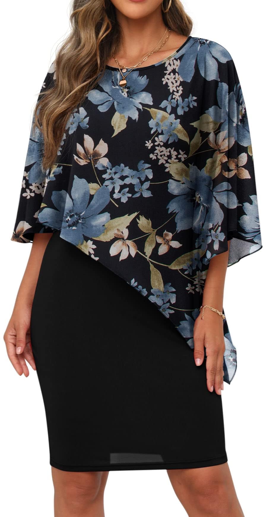 QIXING Damen Chiffon Cape Cocktialkleid Rundhals Ausschnitt Bleistiftkleid Sommerkleid Damen Knielang Elegant Abendkleid Mit Overlay Casual Bodycon Kleider