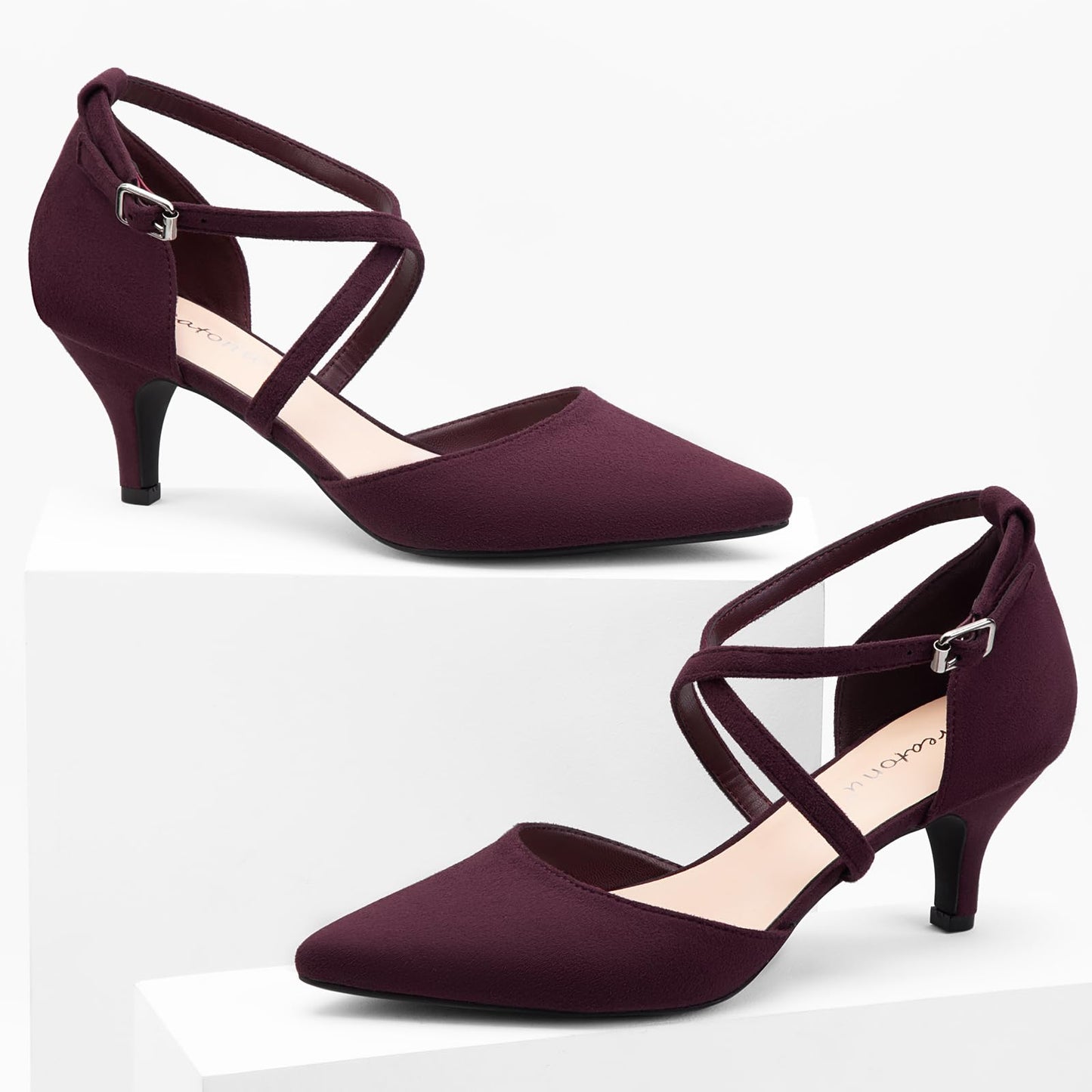 Greatonu Women's Pointed Toe Court Shoes with Ankle Strap and Kitten Heel