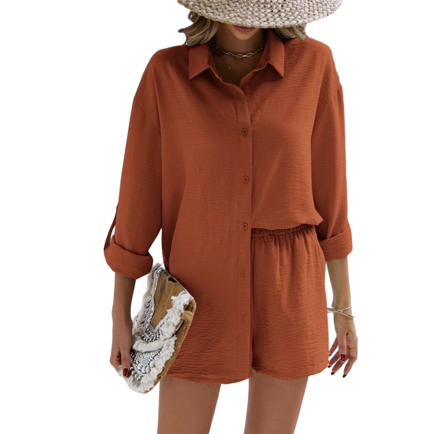 Geagodelia Damen Zweiteiler Elegant Hosenanzug Sommer Outfits Kleidung 2 Teiler Set Bluse Top + Shorts Y2k Aesthetic Clothes Loungewear Anzug