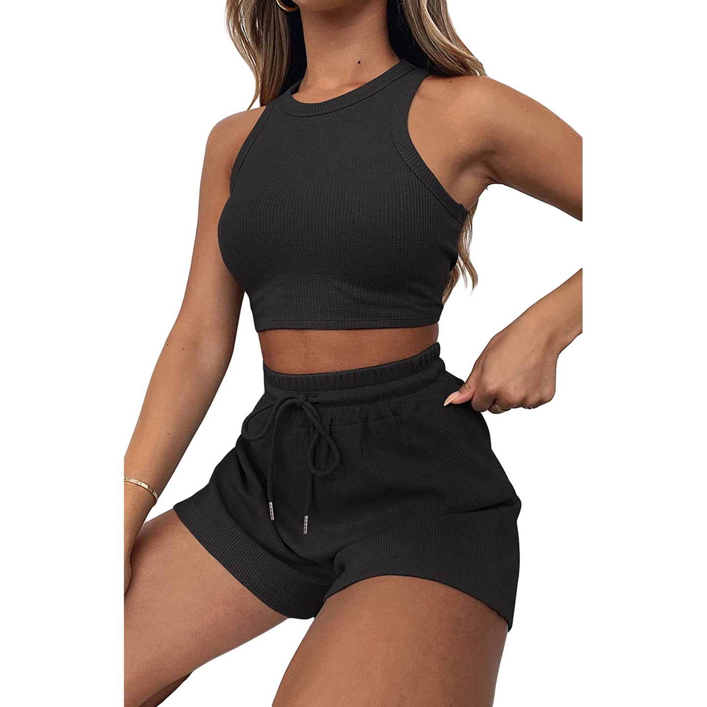 Geagodelia Damen Zweiteiler Sommer Hosenanzug Elegant Outfits Kleidung 2 Teiler Set Crop Tank Top + Shorts Y2k Aesthetic Clothes Workout Sport Anzug