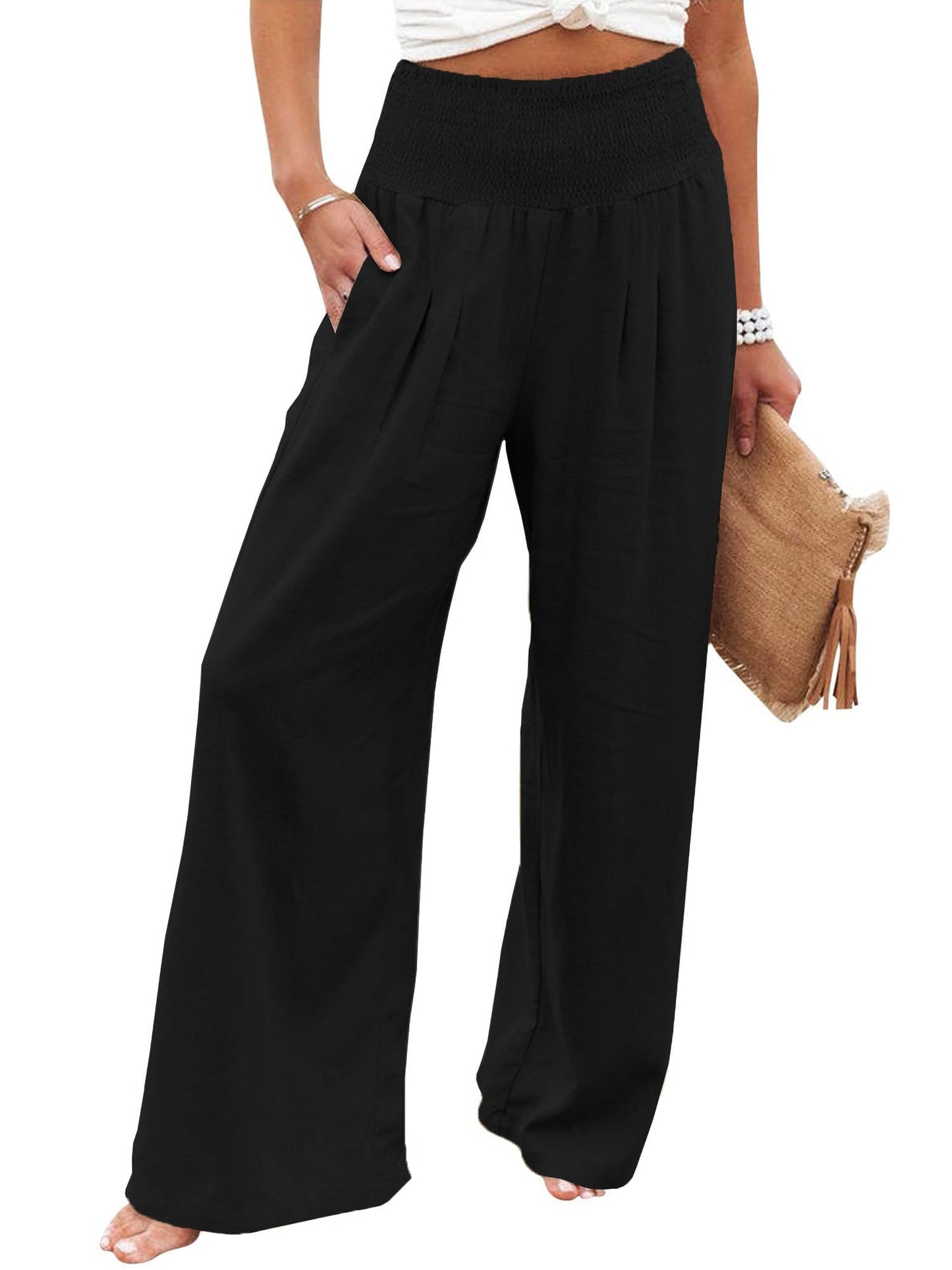 Imuedaen Leinenhose Damen Sommer Hose Casual Leinen Leicht Hosen Weites Bein Palazzo Freizeithose Hohe Taille Einfarbig Sommerhose Stoffhose mit Taschen