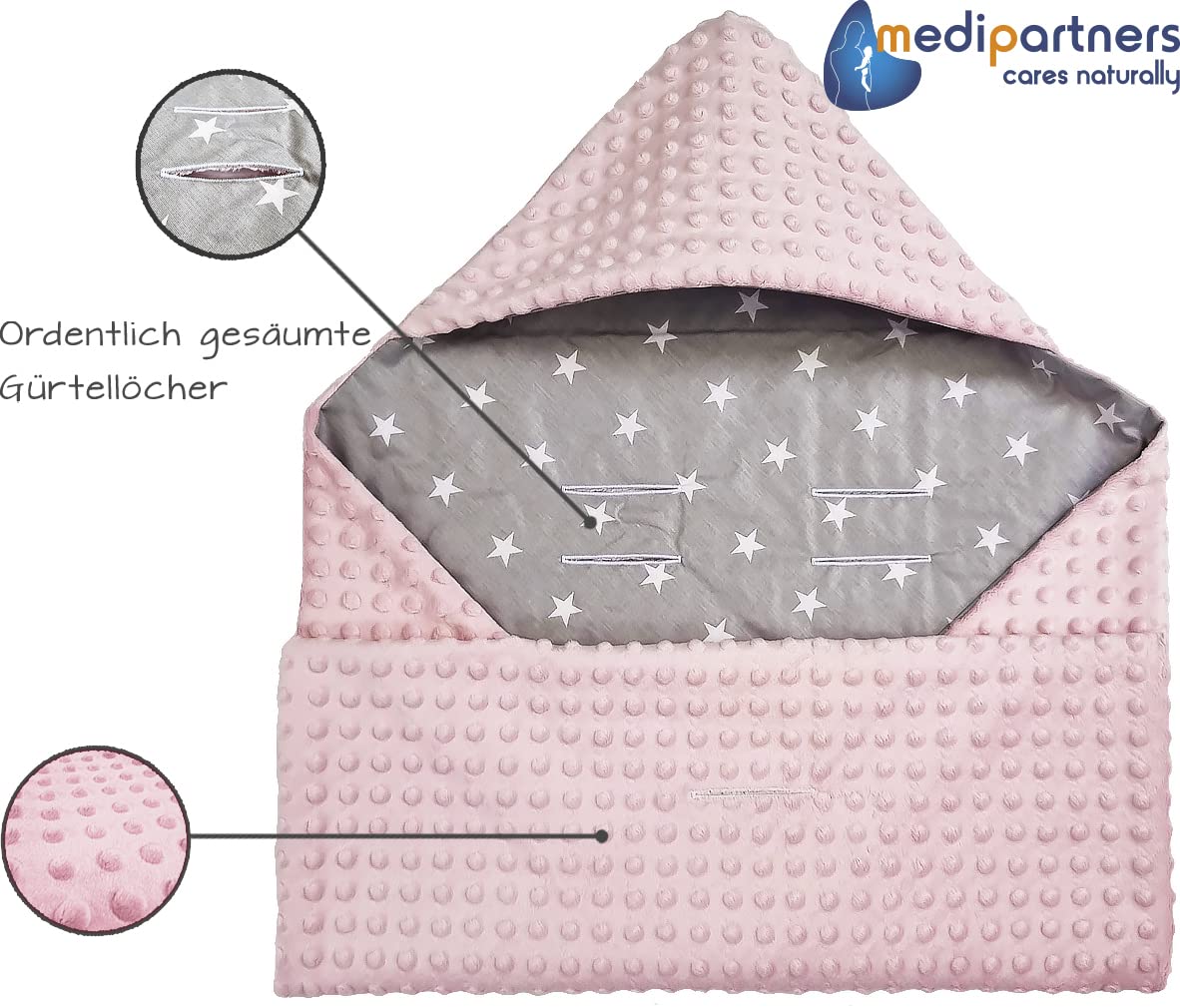 Medi Partners Einschlagdecke Baby Babyschale 100% Baumwolle für Sommer 85x85cm Kinderwagen Kuscheldecke universal Baby Decke Einschlagdecken Babydecke Buggy Autositz (weiße Sterne mit grauen Minky