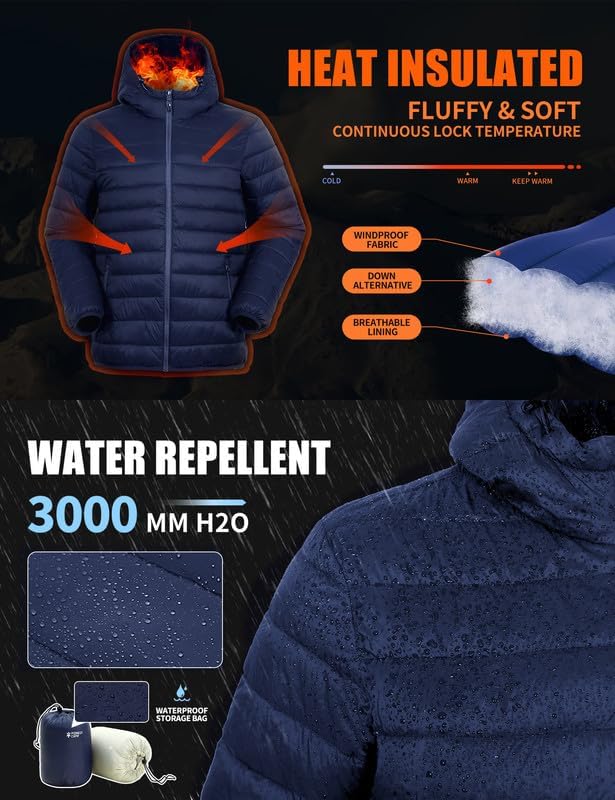 Winter Jacket Men's Packable Outdoor Down Jackets Hooded Jacket Autumn Waterproof Puffer Jacket with 6 Pockets for Running Travel