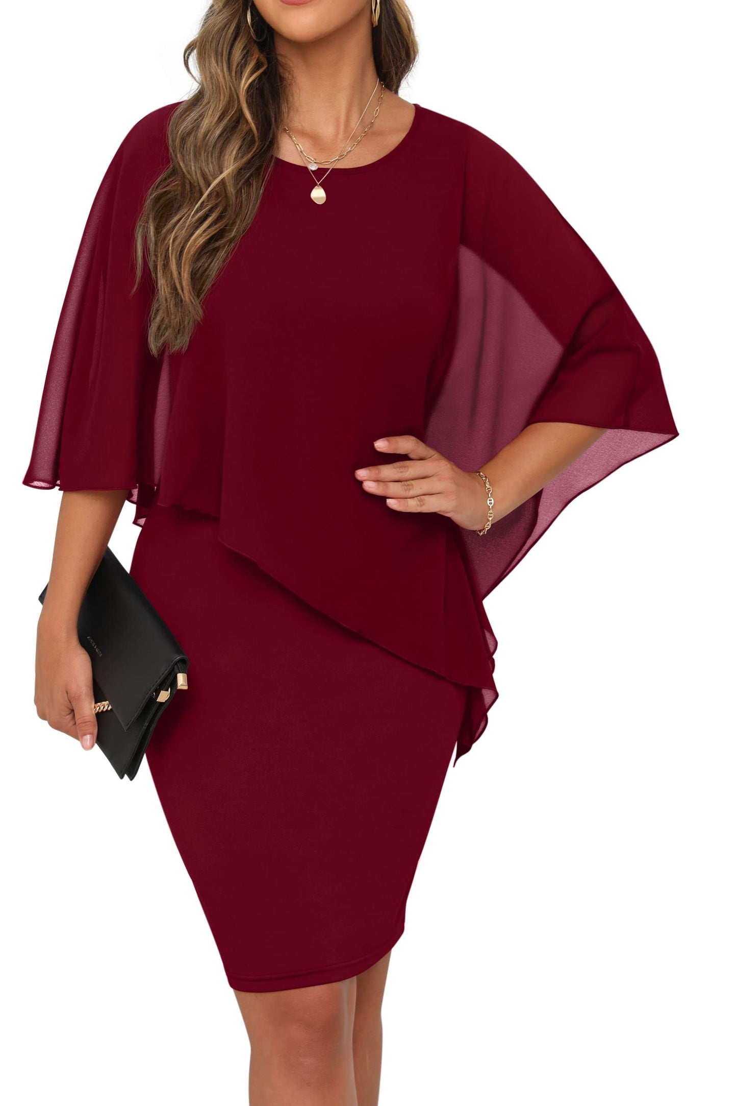 QIXING Damen Chiffon Cape Cocktialkleid Rundhals Ausschnitt Bleistiftkleid Sommerkleid Damen Knielang Elegant Abendkleid Mit Overlay Casual Bodycon Kleider