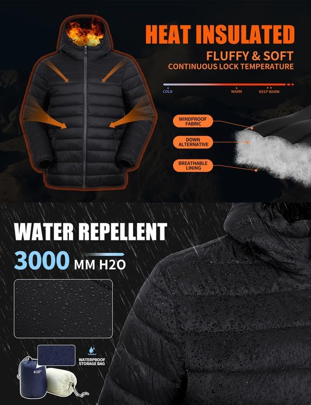 Winter Jacket Men's Packable Outdoor Down Jackets Hooded Jacket Autumn Waterproof Puffer Jacket with 6 Pockets for Running Travel