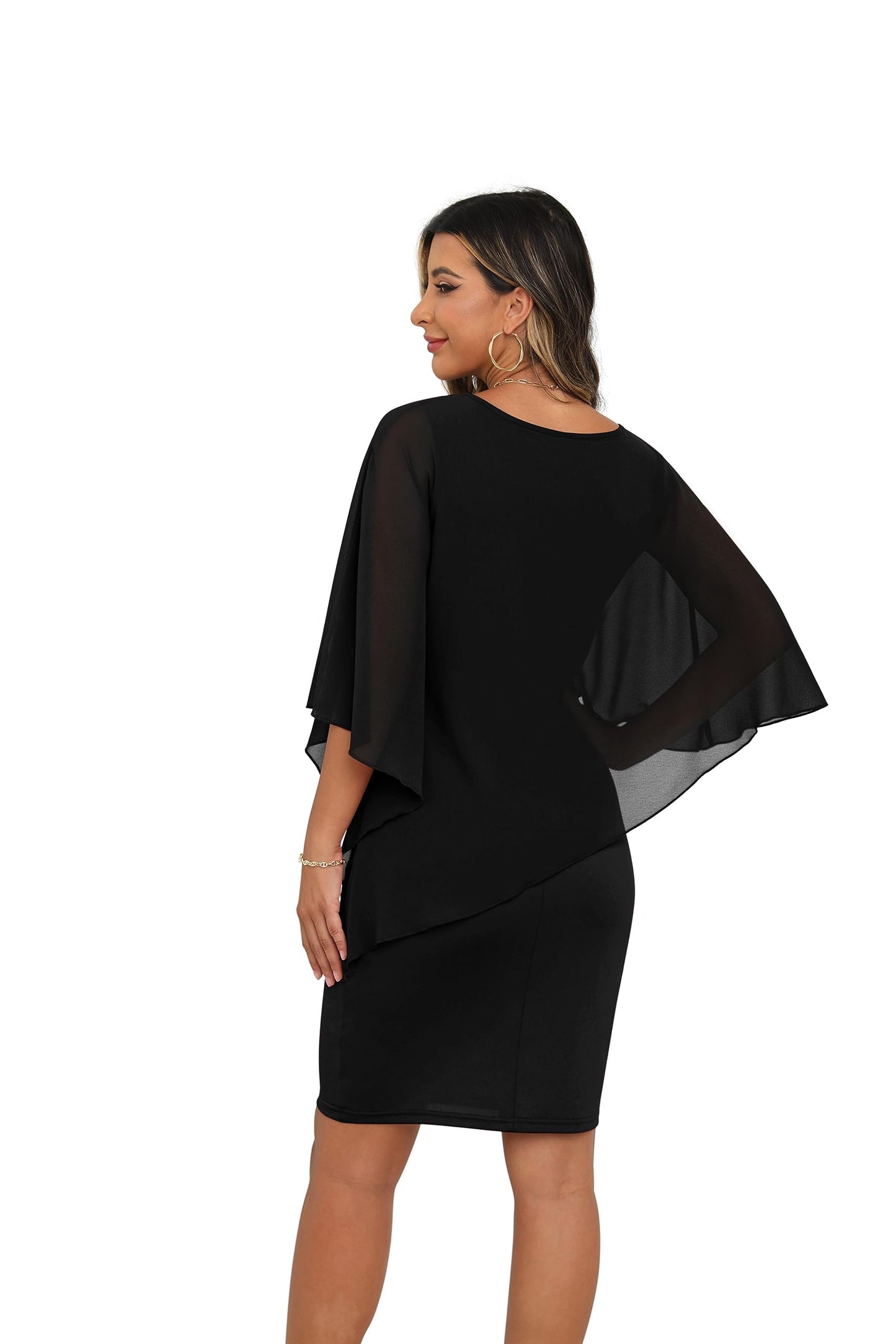 QIXING Damen Chiffon Cape Cocktialkleid Rundhals Ausschnitt Bleistiftkleid Sommerkleid Damen Knielang Elegant Abendkleid Mit Overlay Casual Bodycon Kleider