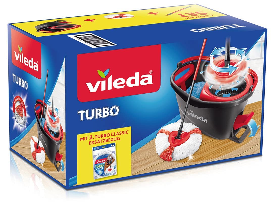 Vileda Turbo Wischmopp Komplett Set, Bodenwischer mit Teleskopstiel, Mikrofaser Moppkopf mit Kraftfasern und Eimer mit Powerschleuder, schnell und reinigungsstark, Stiellänge 75-130cm