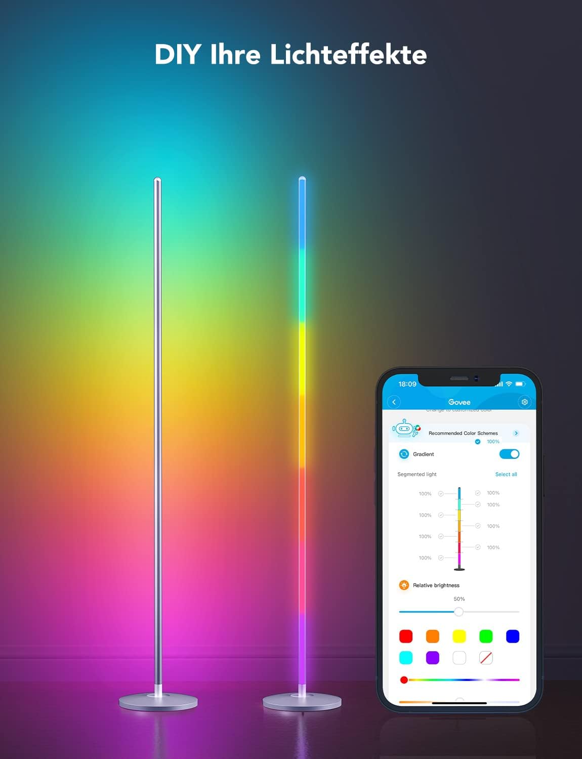 Govee RGBIC LED Stehlampe Wohnzimmer, WiFi Stehlampe Dimmbar, Arbeiten Sie mit Alexa und Google Assistant, 16 Millionen Farben, 58 Szenenmodi, Musikmodi, DIY-Modus für Schlafzimmer Gaming, Schwarz