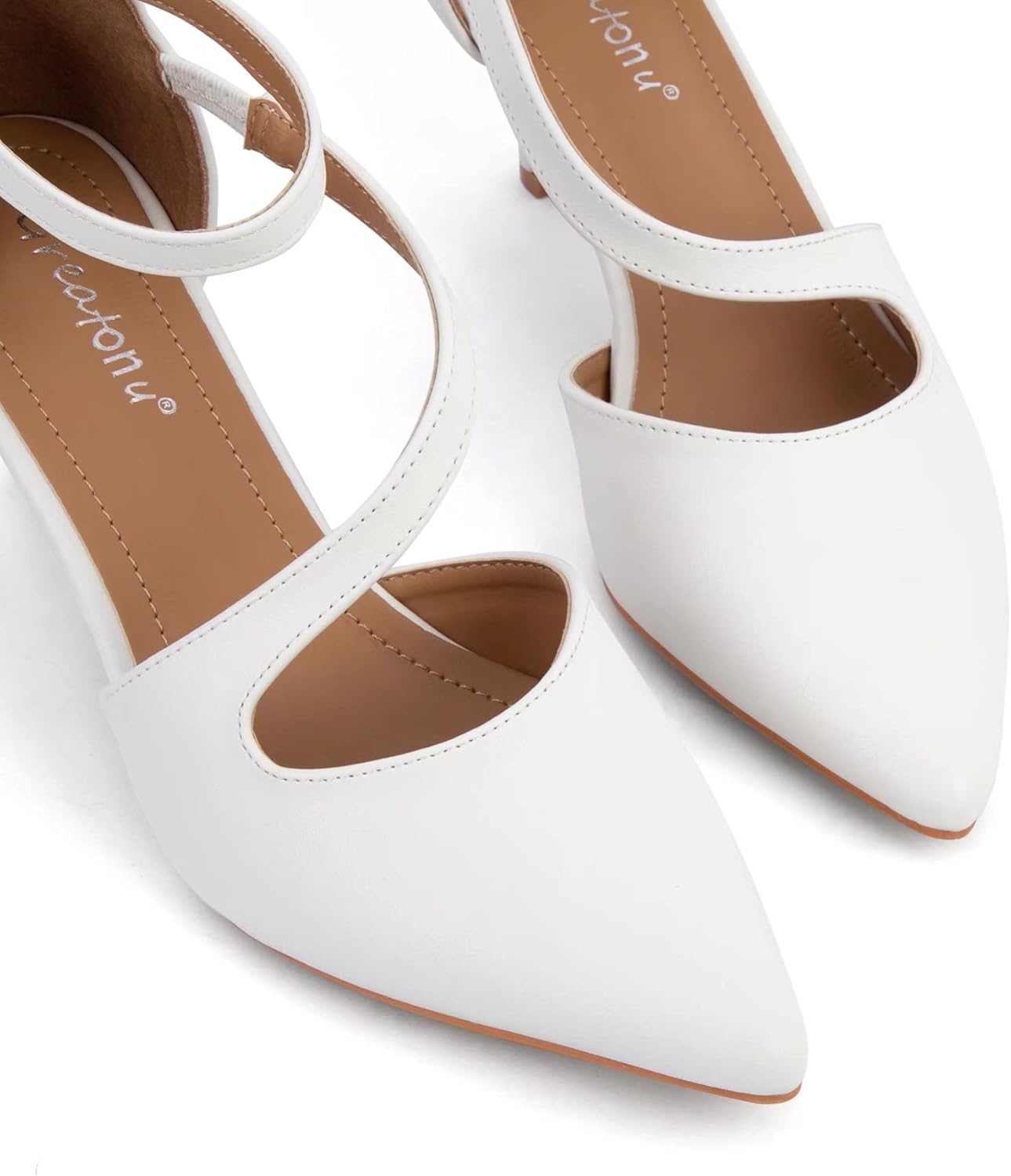 Greatonu Women's Pointed Toe Court Shoes with Ankle Strap and Kitten Heel