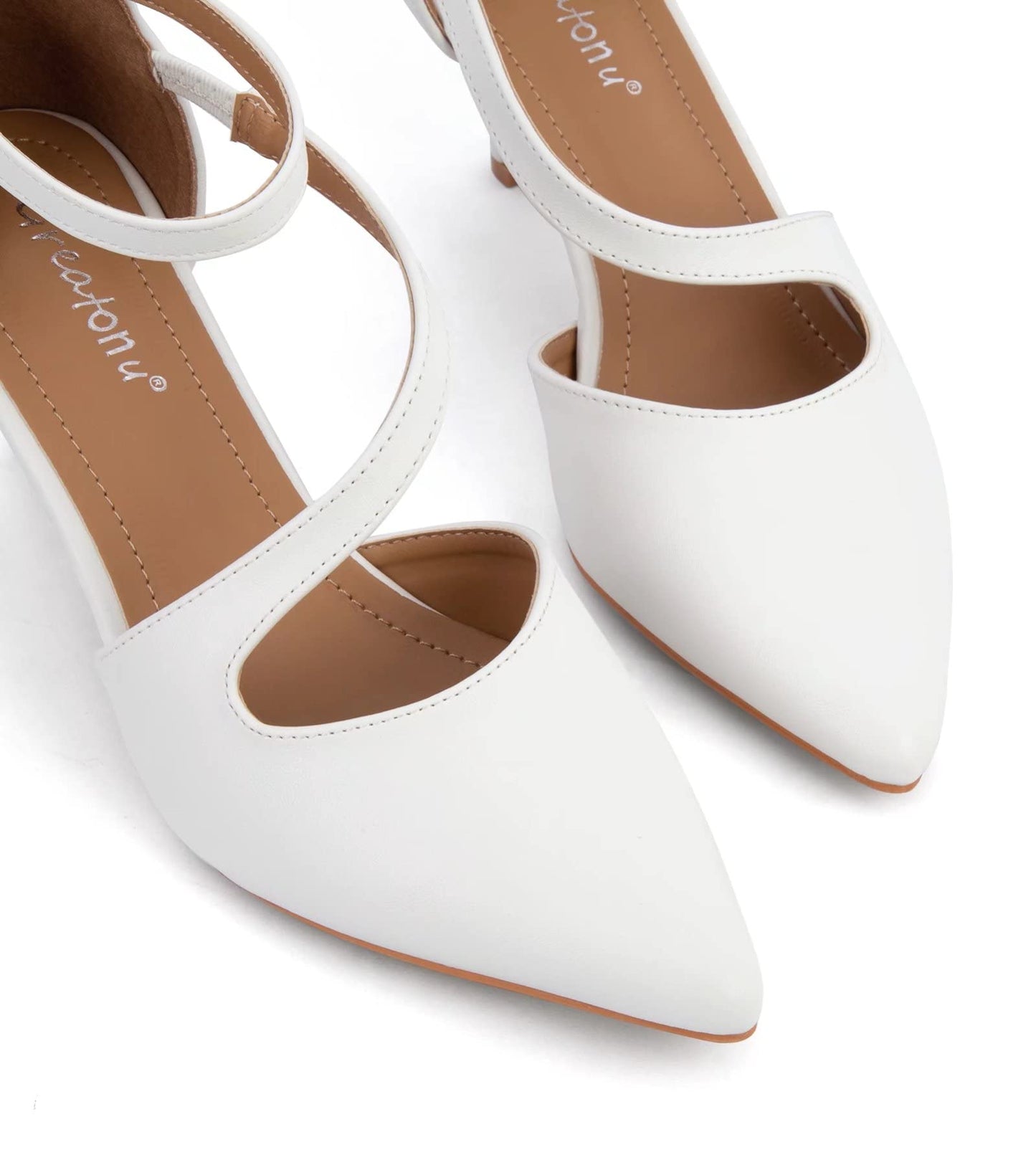 Greatonu Women's Pointed Toe Court Shoes with Ankle Strap and Kitten Heel