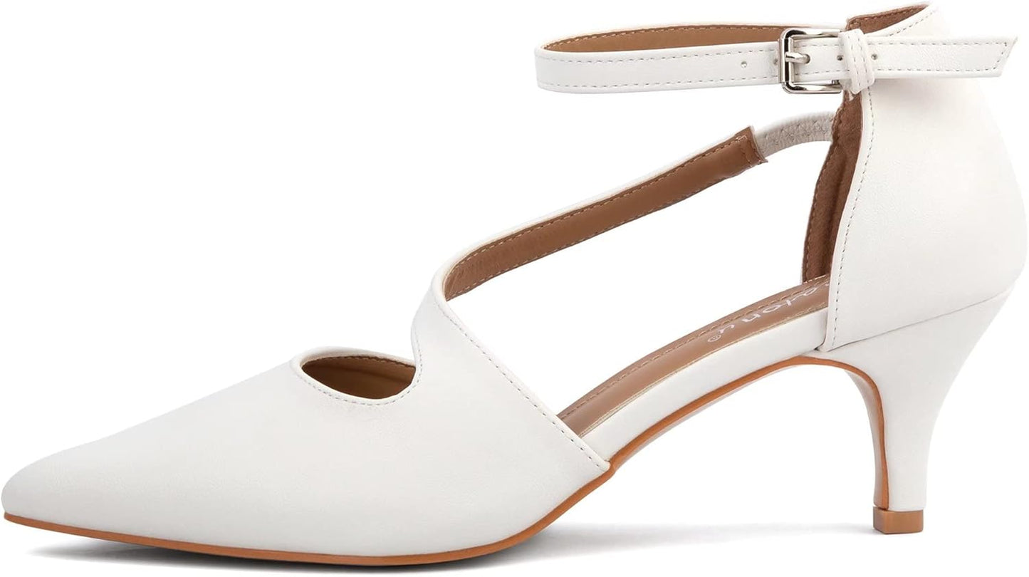 Greatonu Women's Pointed Toe Court Shoes with Ankle Strap and Kitten Heel