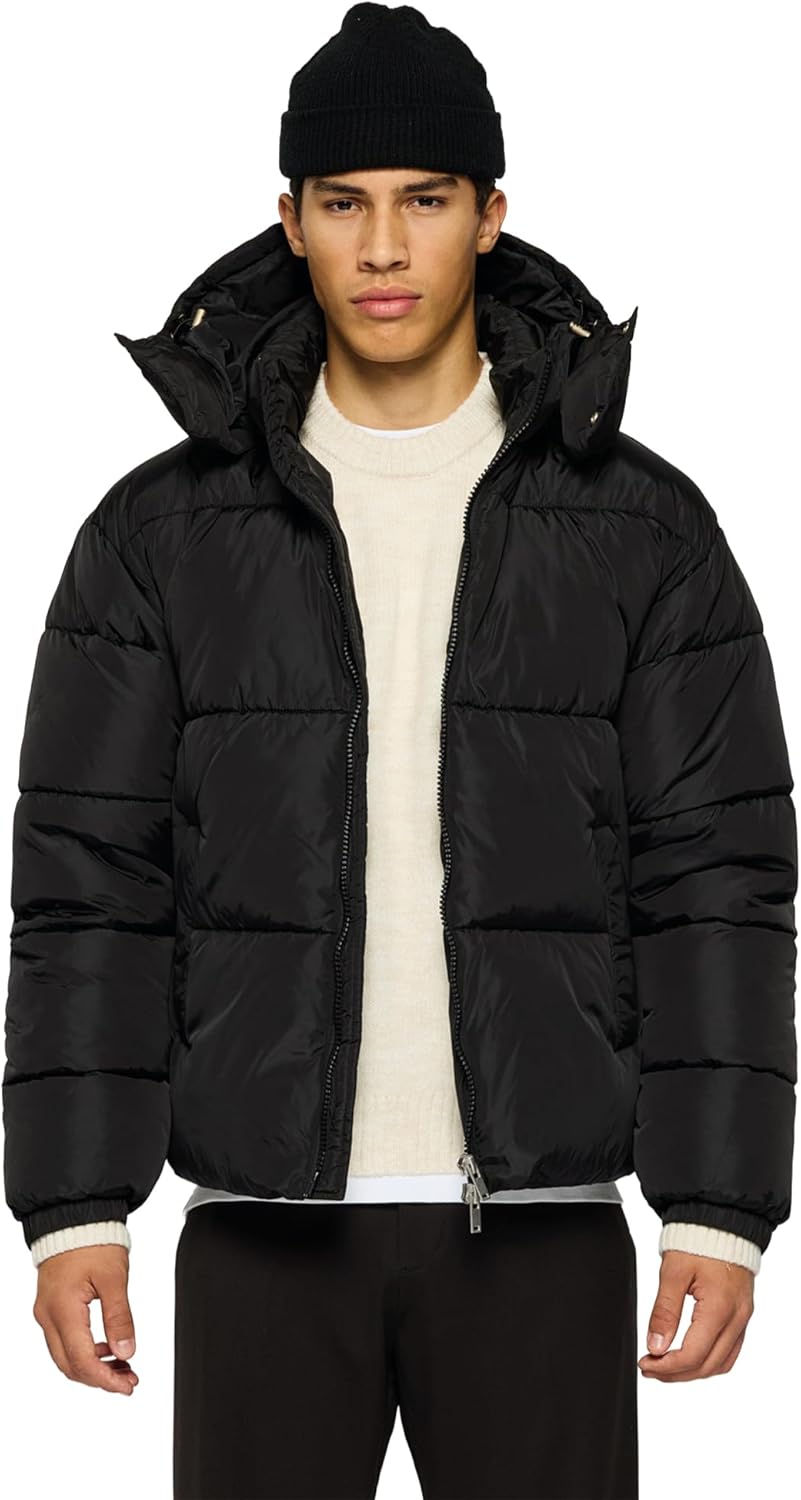 Burocs Hooded Puffer Jacket - Black Glossy - Oversized Herrenjacke - abnehmbare Kapuze - Reißverschluss - Innentasche