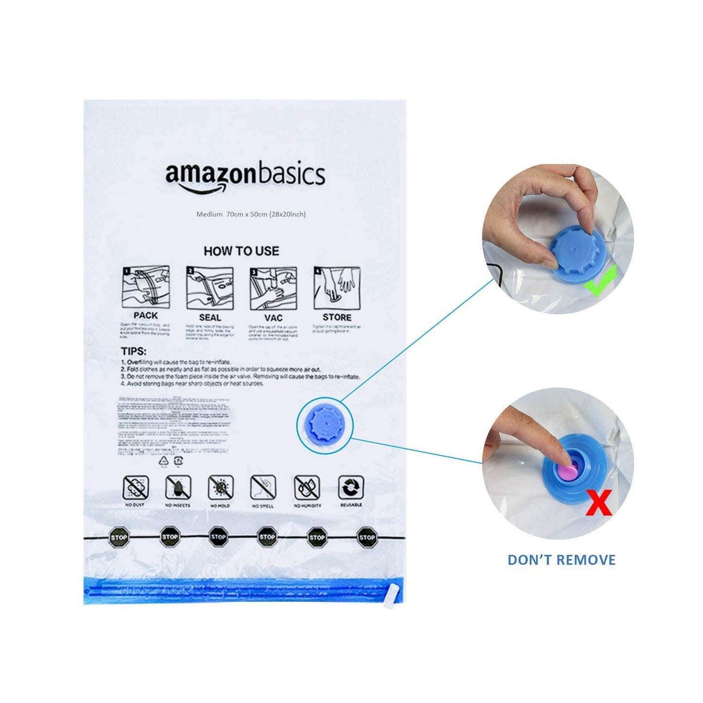 Amazon Basics Vakuumbeutel für Kleidung mit Luftdichtem Ventil und Handpumpe - Jumbo, 6er-Pack, Reißverschluss, Durchsichtig