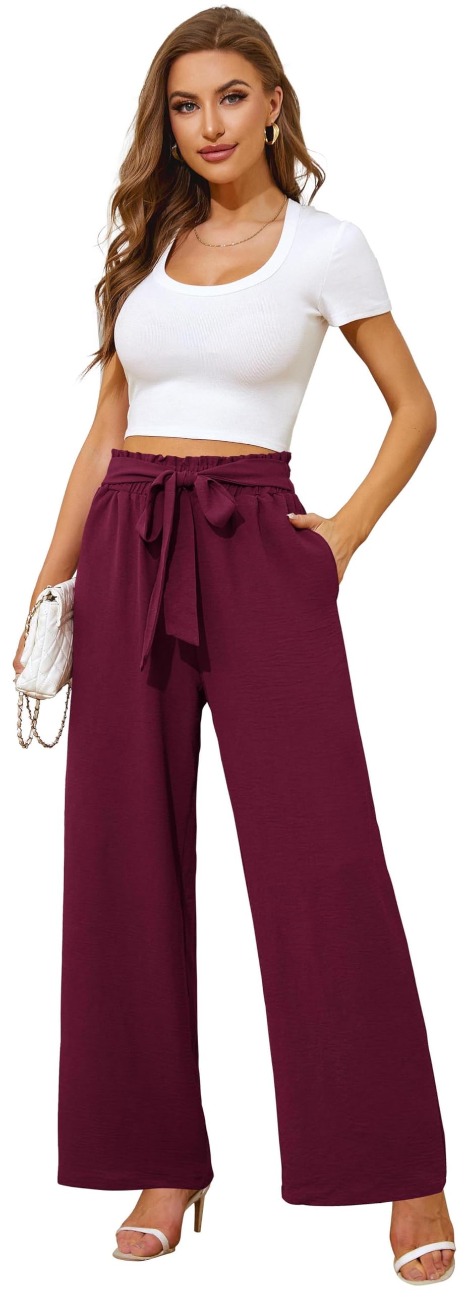 Actcat Damen Hose mit weitem Bein Leicht und Elegant Elastischer Bund Sommerhose mit Taschen für Legere Arbeit Geeignet