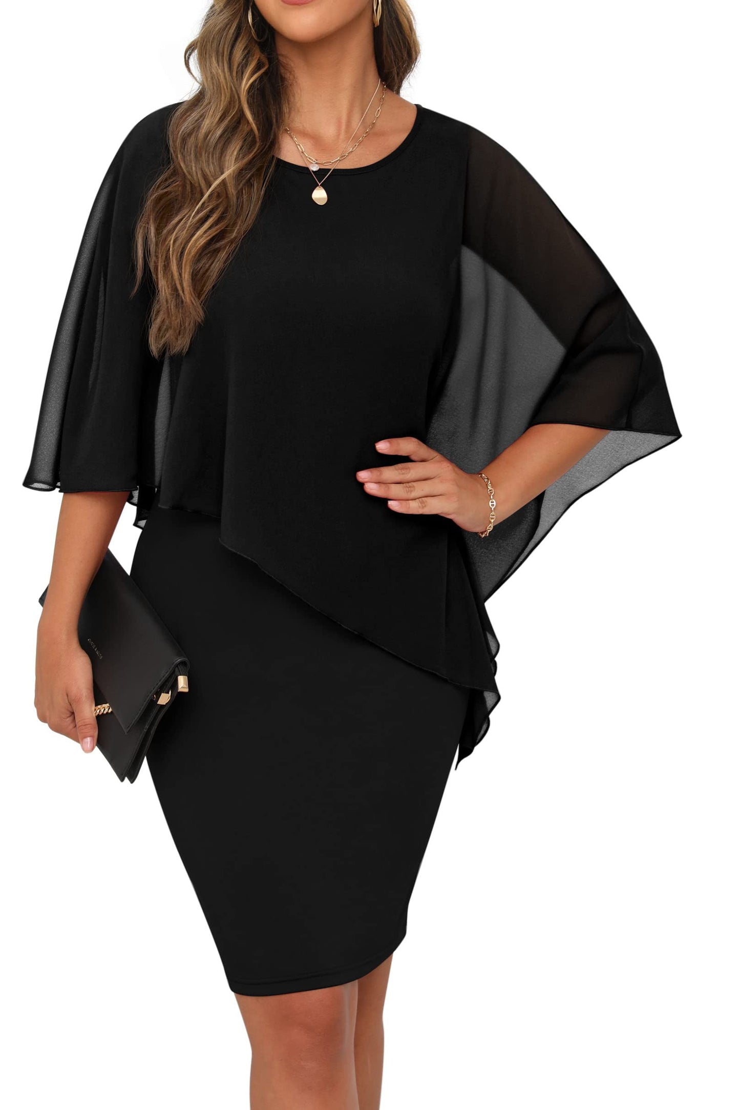 QIXING Damen Chiffon Cape Cocktialkleid Rundhals Ausschnitt Bleistiftkleid Sommerkleid Damen Knielang Elegant Abendkleid Mit Overlay Casual Bodycon Kleider