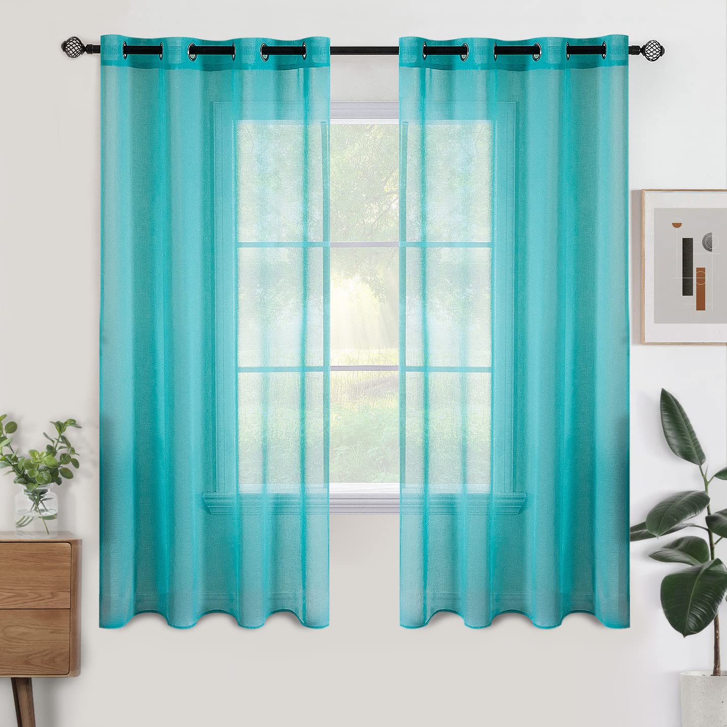 Woaboy Voile Curtains, Short Curtains, Transparent Living Room with Eyelets, Store Curtains for the Bedroom, Eyelet Curtain, Panel Curtain, Loop Curtains, Modern, Set of 2, 140 x 145 cm (W x H), Beige