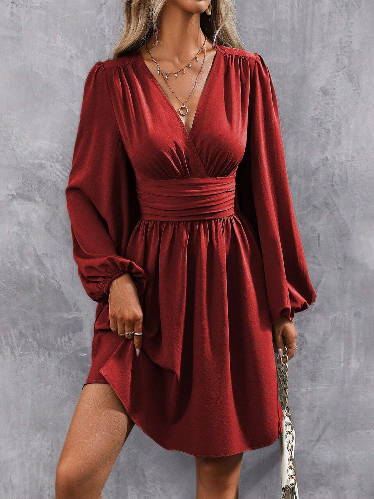 LIAMERHE Damen Elegant Kleid Langarm/Kurze Ärmel V-Ausschnitt Casual Kleider A-Linie Blumenmuster Minikleid Freizeitkleider Sommer Herbst Winter Laternenärmeln Kleid Partykleid