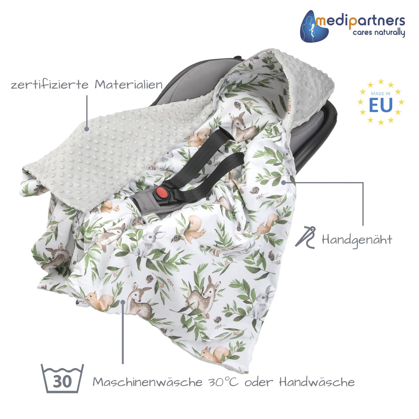 Medi Partners Einschlagdecke Baby Babyschale 100% Baumwolle für Sommer 85x85cm Kinderwagen Kuscheldecke universal Baby Decke Einschlagdecken Babydecke Buggy Autositz (weiße Sterne mit grauen Minky