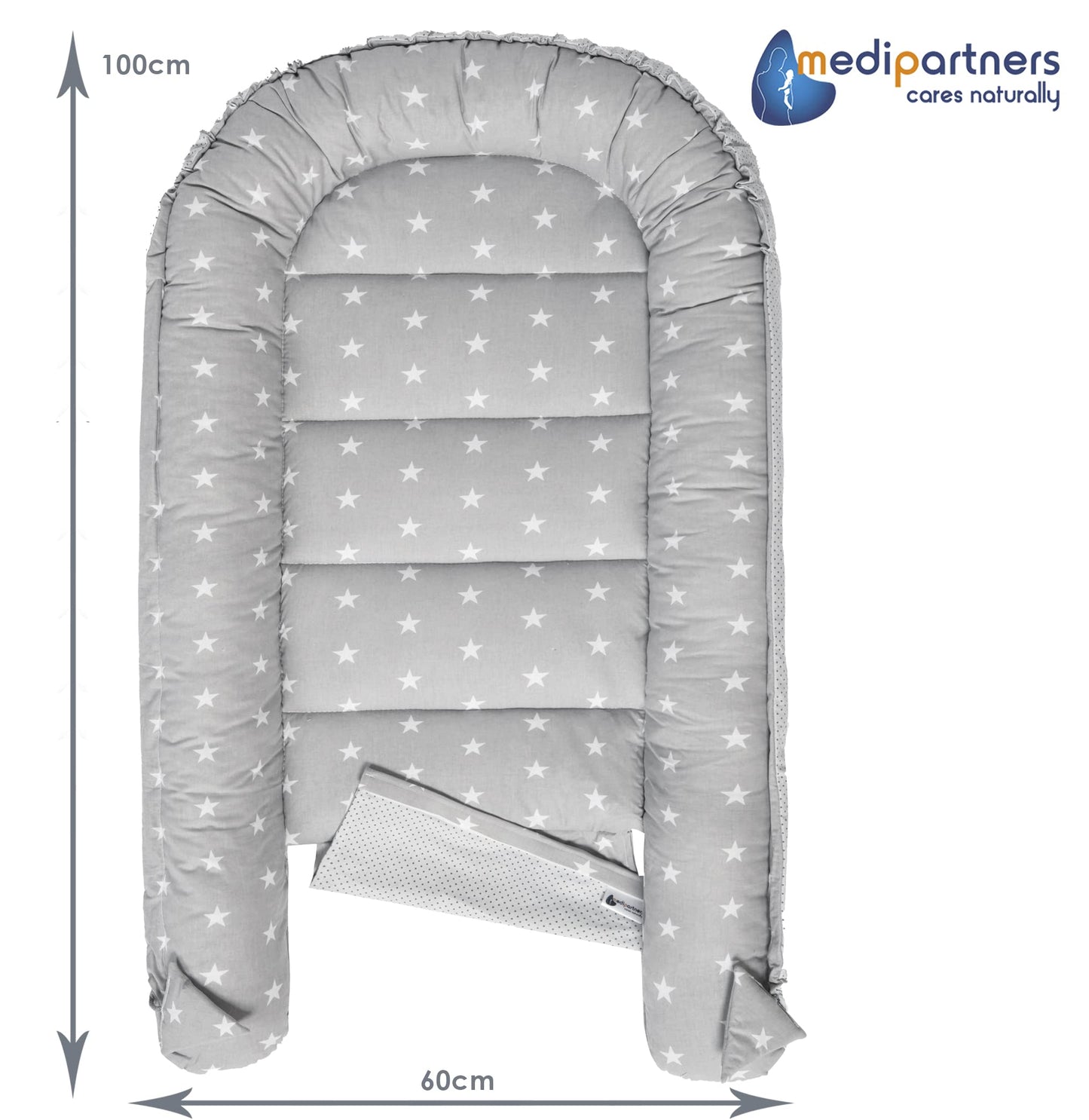 Medi Partners Babynest Nestchen Baby Set für Neugeborene - 100x60x15 Kuschelnest 5 teilig tragbar Nest zweiseitig Babynestchen Bett 100% Baumwolle (Lichtung mit grauem Minky)