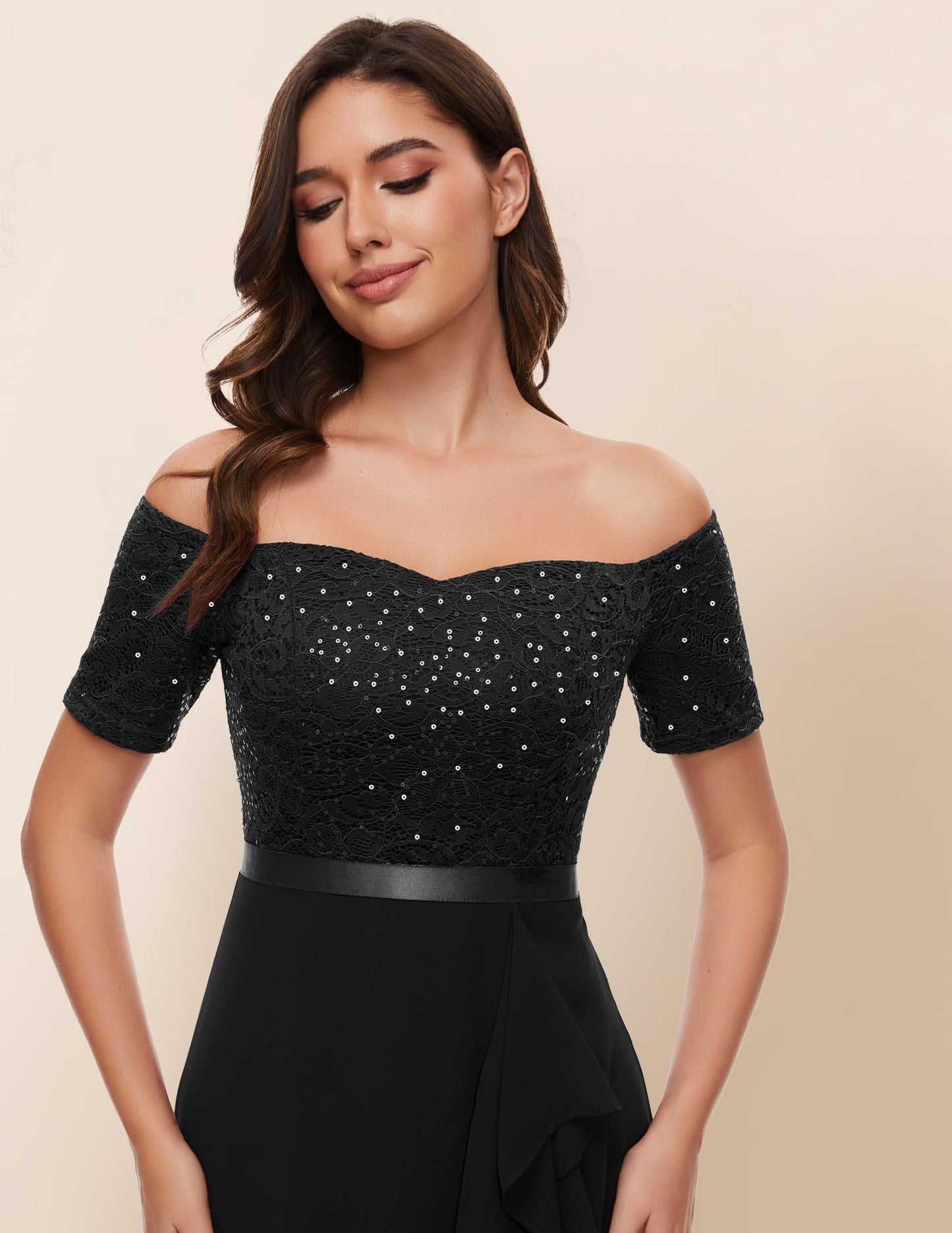 Berylove Abendkleid Damen Lang Glitzer Kleid Cocktailkleid Elegant für Hochzeit Off Shoulder Kleid Ballkleid