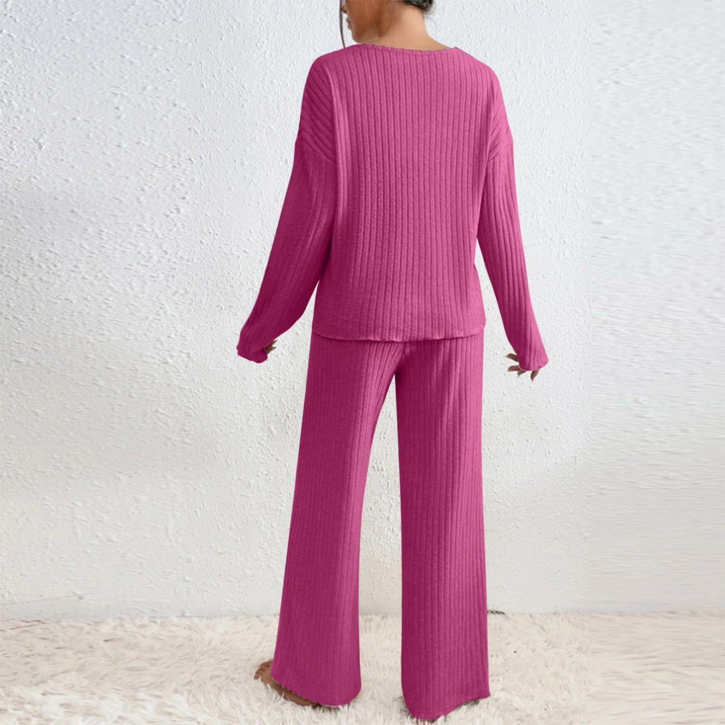 Hausanzug Damen Elegant Gestrickte Loungewear Einfarbig Strickanzug Langarm Schlafanzüge Zweiteiler V-Ausschnitt Homewear Locker Freizeitanzug Outfit Weites Bein Hose mit Taschen Lounge Set