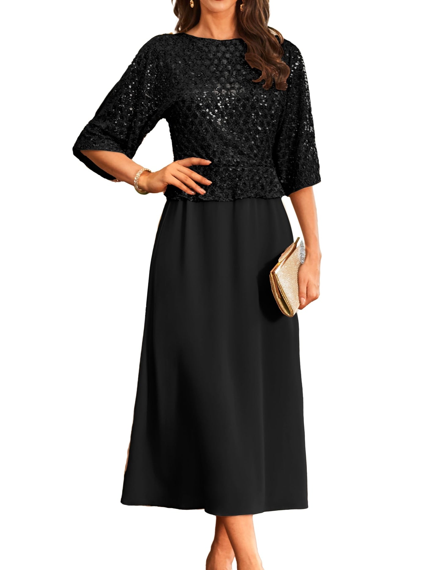 GRACE KARIN Cocktailkleid Damen Elegant Fledermaus Kleid 3/4 Ärmel A-Linie Glitzer Kleid Party Maxikleid