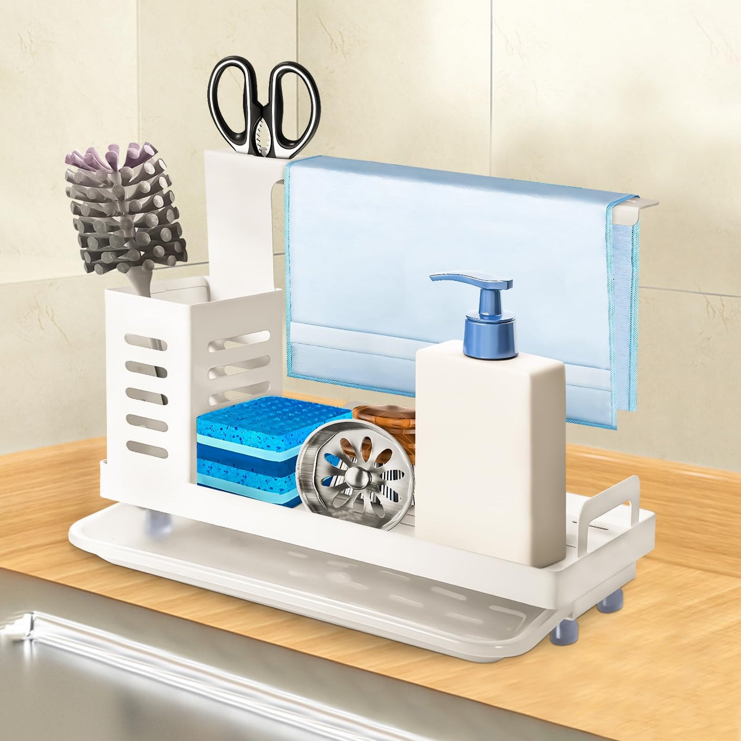 Shunfaji Spülbecken Organizer Spülbecken Caddy Organizer Edelstahl Utensilien Korb für Küche & Badezimmer mit Abflusspfanne, Klebstoff Arbeitsplatte Dual-Use Schwamm Bürste Seifenschale Halter