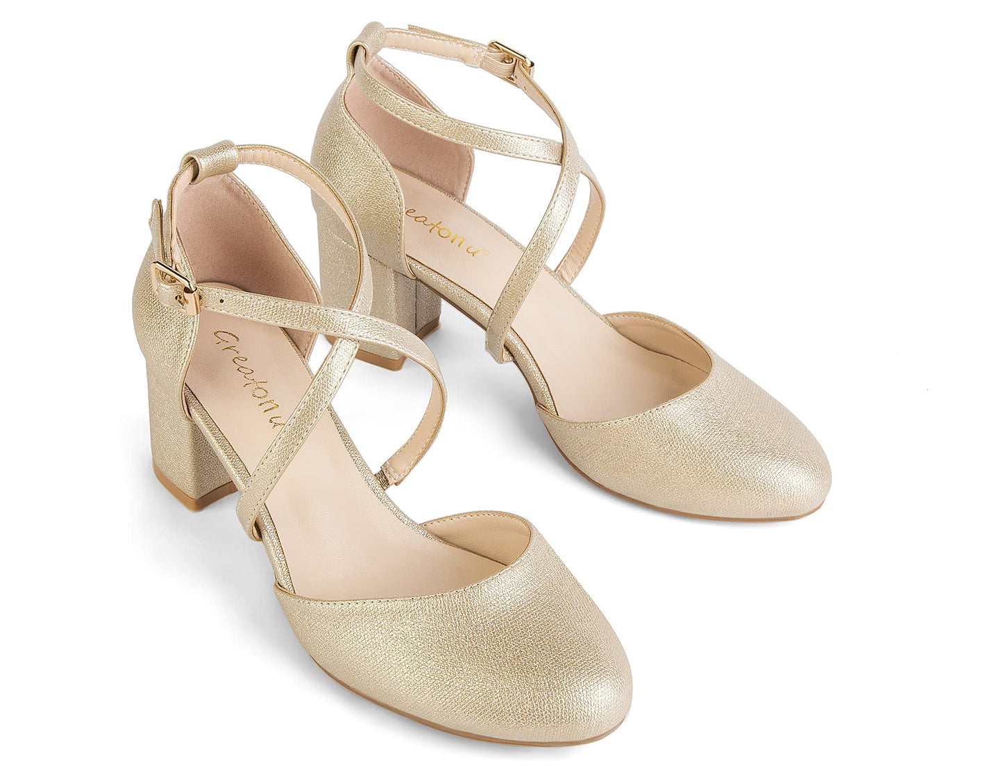 Greatonu Damen Pumps Riemchenpumps Spangenpumps Sandale mit Kreuz Knöchelriemen Blockabsatz Geschlossener Spitze Glitzer Pumps - Perfekt für Hochzeiten und Partys