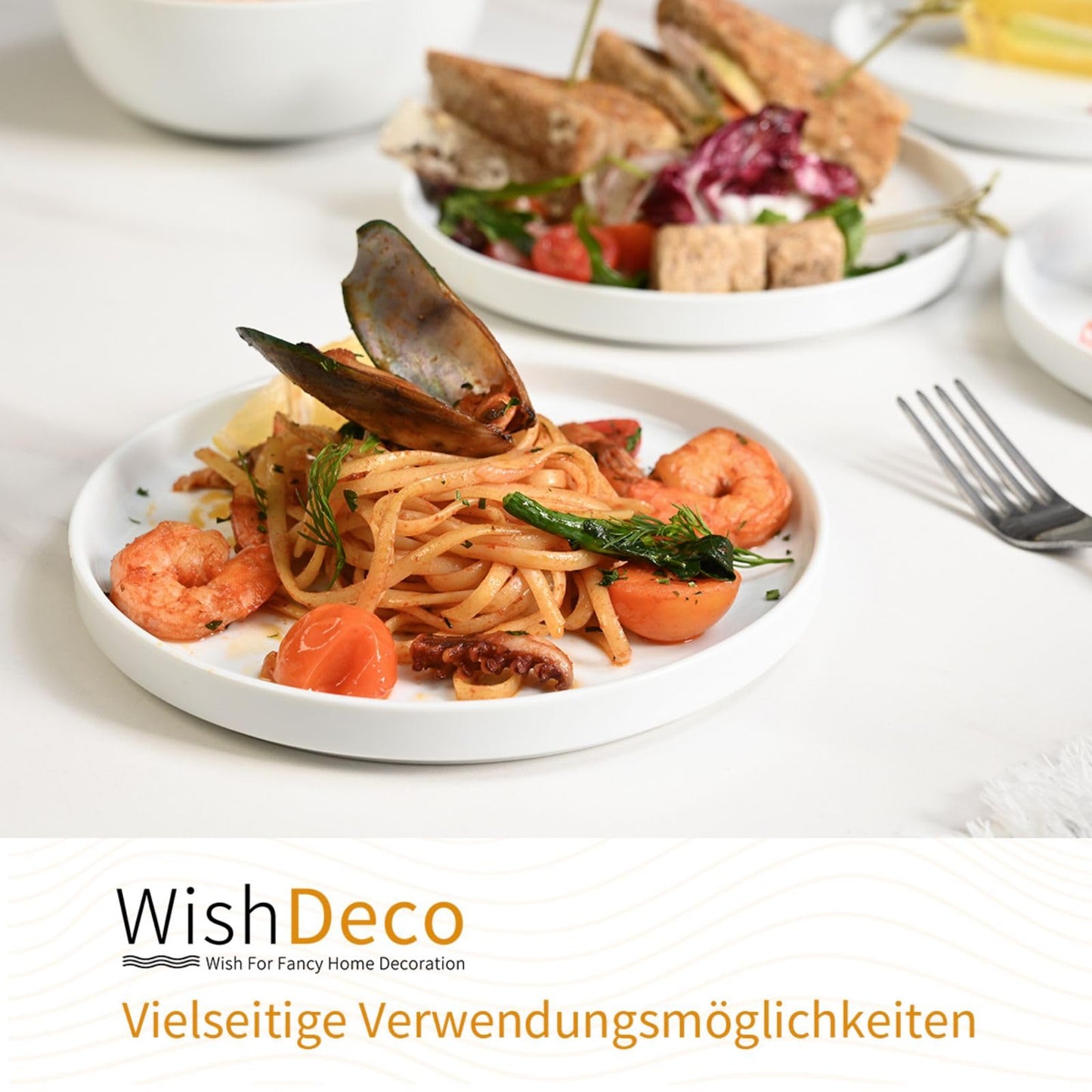 WishDeco Dessertteller 6er Set, Weiße Kuchenteller Φ18cm, Speiseteller Porzellan, Frühstücksteller Weiß mit erhöhtem Rand, Kleine Servierteller für Salat, Pasta, Brot, Vorspeisen
