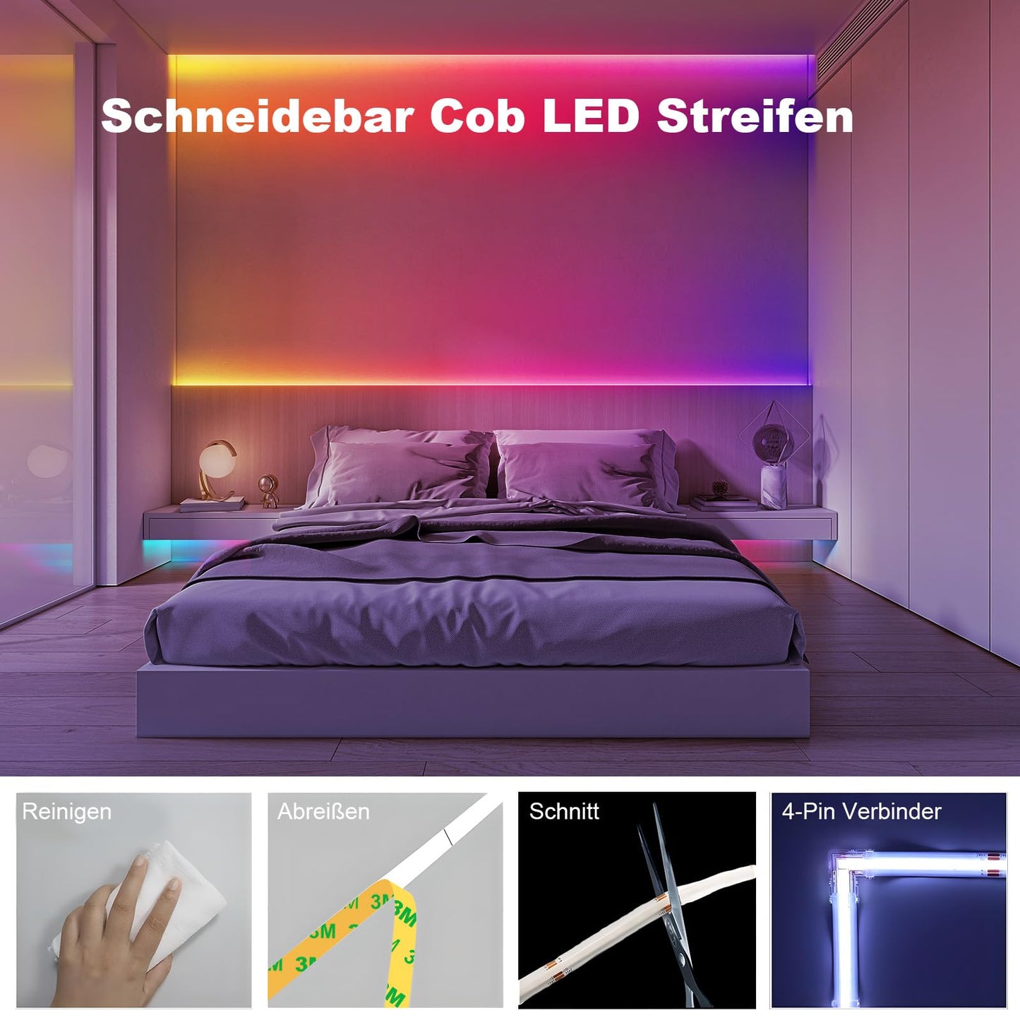 BUNACET COB RGB LED Strip 6M 24V Dimmbar, LED Streifen 3456 LEDs, Leiste Band Stripes Lichtband mit Netzteil RF Fernbedienung & APP Bluetooth für Küche Schlafzimmer Deko
