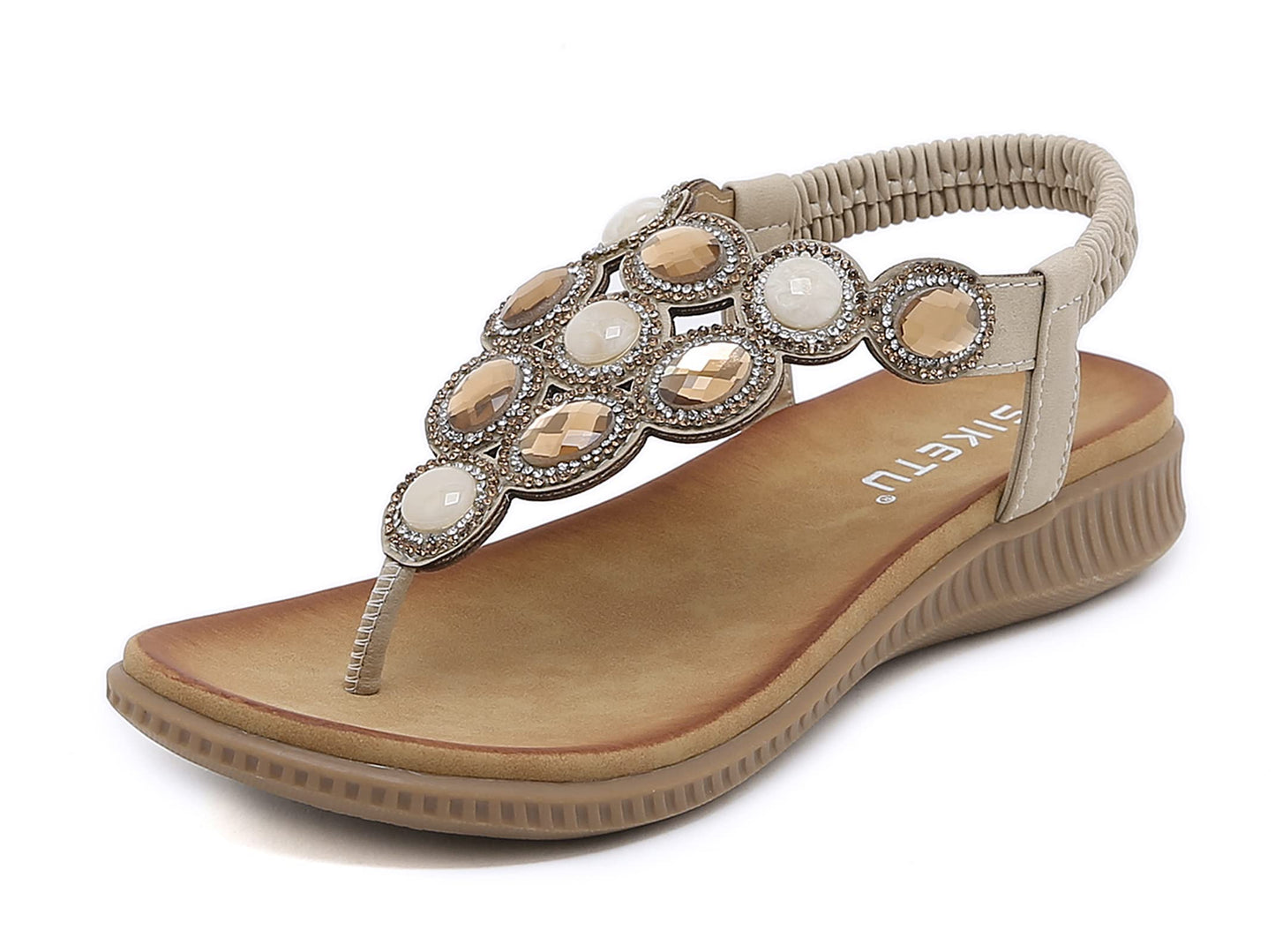 Meik Mangni Damen Sandalen Sommer Bohemian Flache Zehentrenner Strass Sandaletten Strand Schuhe Plattform Flip Flops Gr.36-42