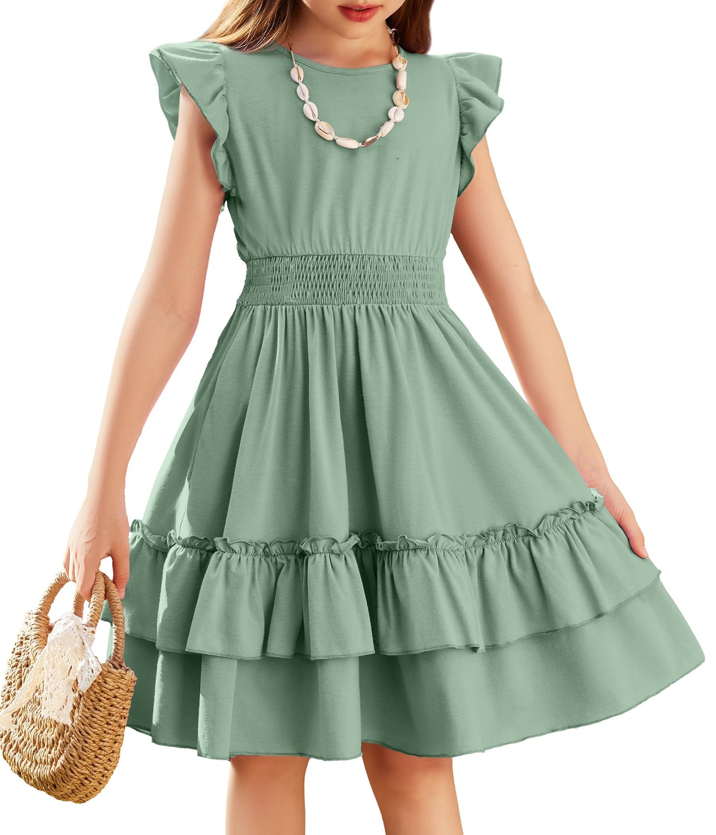 Arshiner Mädchen Kleider Flatterärmel Kinder Sommer Baumwolle Festliche Kleid A-Linie Taille Einschnüren Freizeitkleid Swingkleid Elegant ärmelloses Kleid für Mädchen 5-13 Jahre