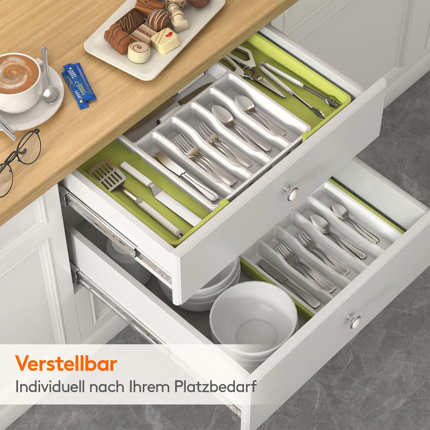 Lifewit Besteckkasten für Schubladen,verstellbarer Besteckhalter Utensilienhalter für Küchenschubladen, Schubladeneinsatz Besteckeinsatz für Küche Organizer aus Kunststoff für Löffel,Gabeln, Schwarz