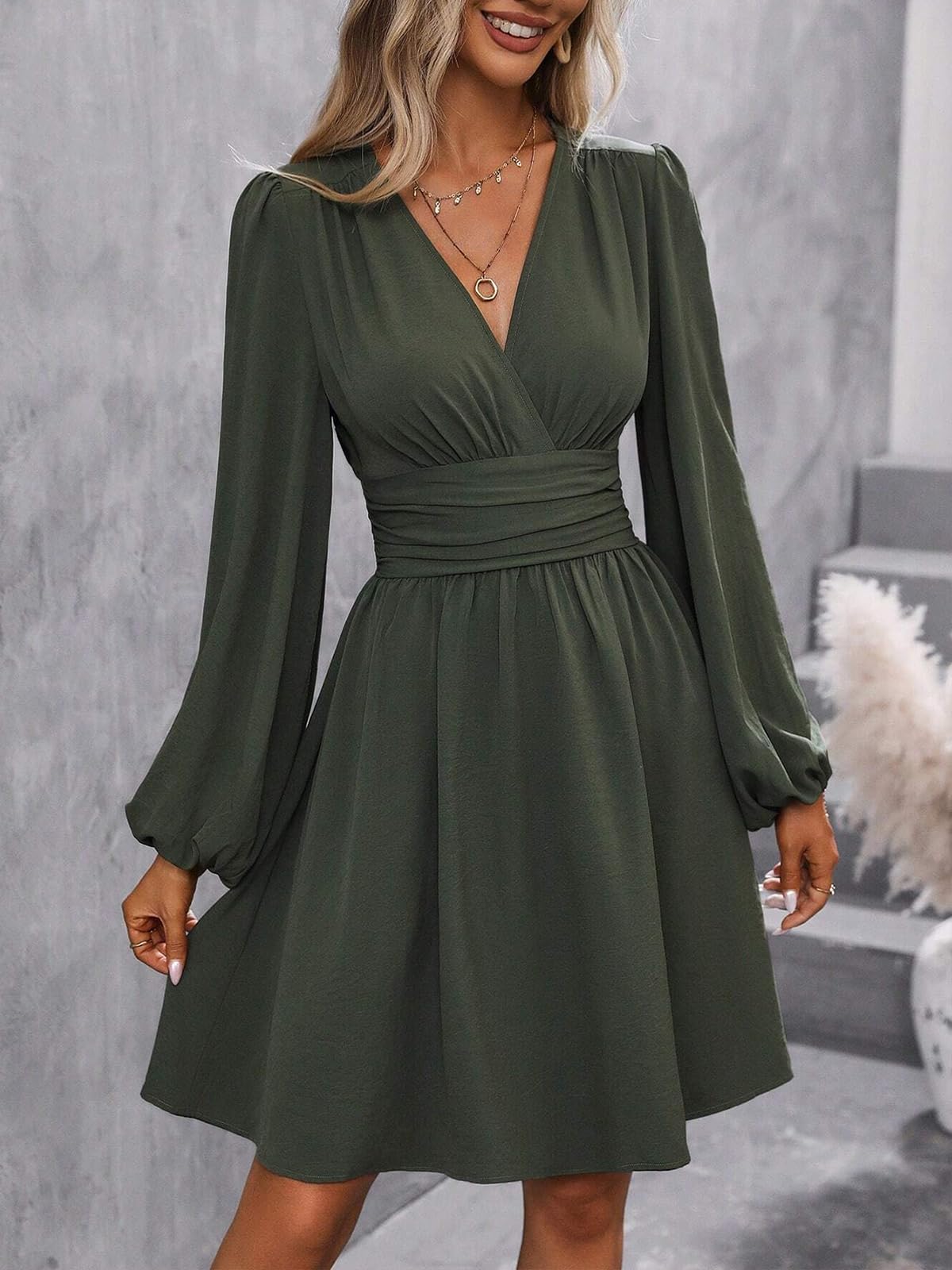 LIAMERHE Damen Elegant Kleid Langarm/Kurze Ärmel V-Ausschnitt Casual Kleider A-Linie Blumenmuster Minikleid Freizeitkleider Sommer Herbst Winter Laternenärmeln Kleid Partykleid