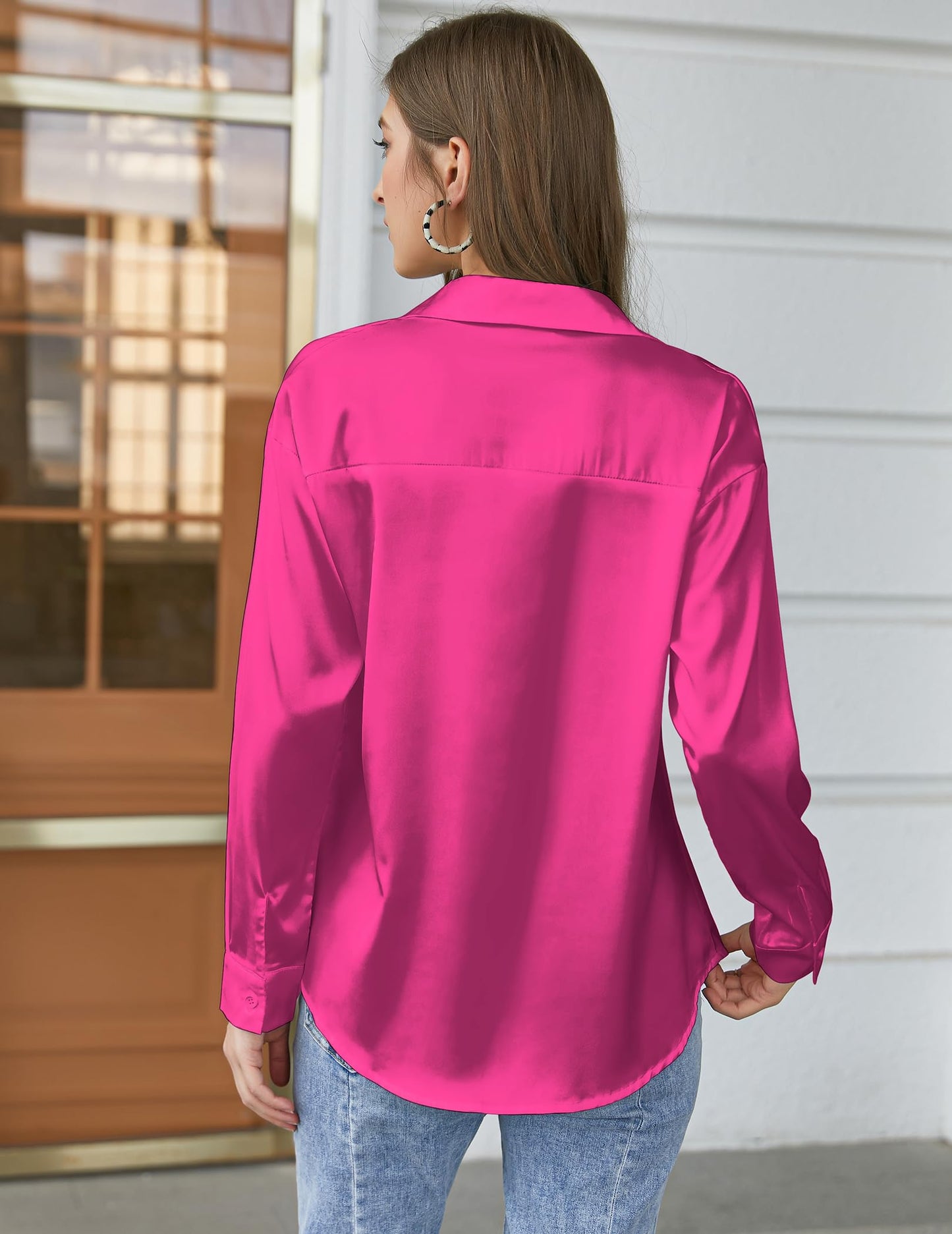 Beyove Damen Bluse Satin Seide V-Ausschnitt Hemden Elegant Langarm Business Oberteile mit Knöpfen Tops Lose Langarmshirt