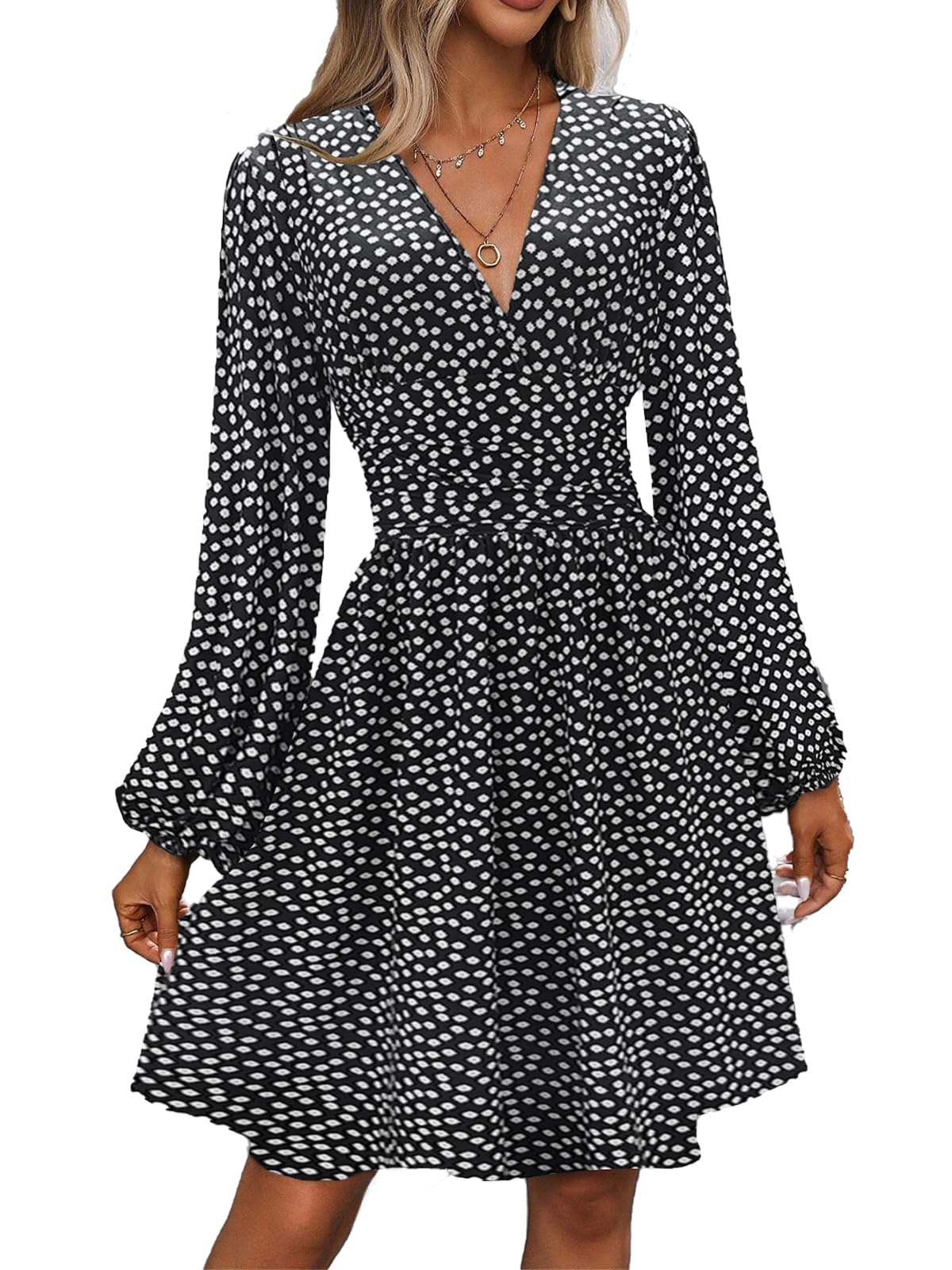 LIAMERHE Damen Elegant Kleid Langarm/Kurze Ärmel V-Ausschnitt Casual Kleider A-Linie Blumenmuster Minikleid Freizeitkleider Sommer Herbst Winter Laternenärmeln Kleid Partykleid