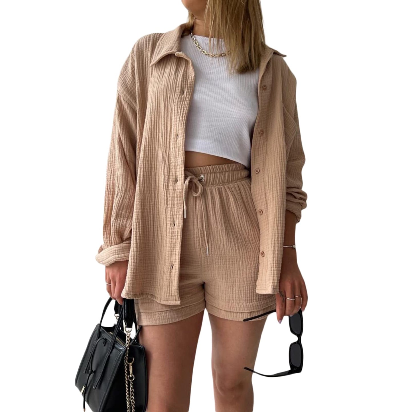 Geagodelia Damen Zweiteiler Elegant Hosenanzug Sommer Outfits Kleidung 2 Teiler Set Bluse Top + Shorts Y2k Aesthetic Clothes Loungewear Anzug