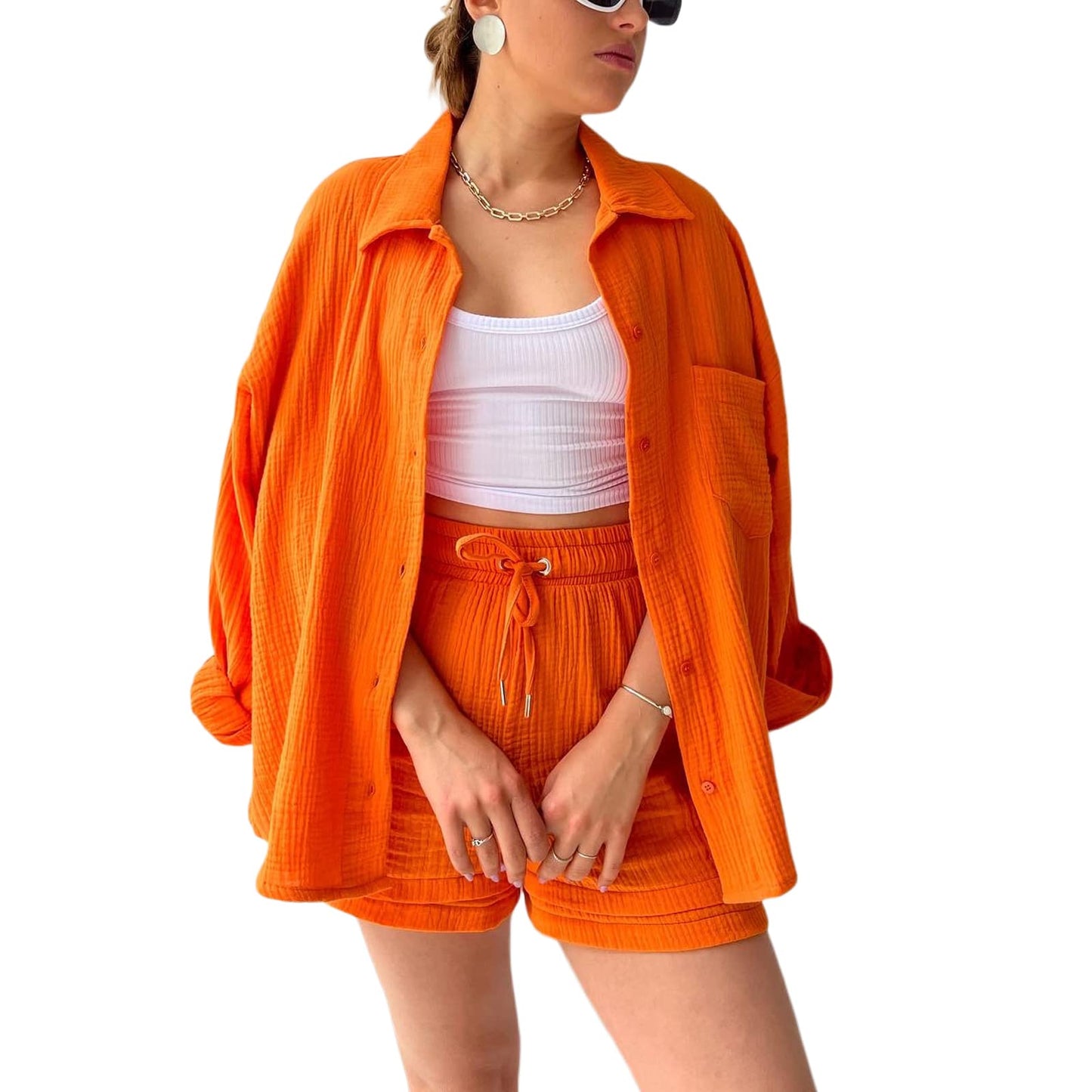 Geagodelia Damen Zweiteiler Elegant Hosenanzug Sommer Outfits Kleidung 2 Teiler Set Bluse Top + Shorts Y2k Aesthetic Clothes Loungewear Anzug