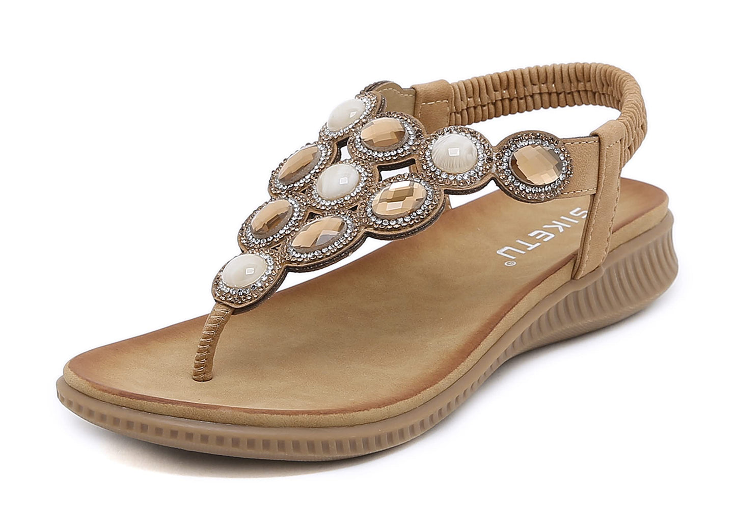 Meik Mangni Damen Sandalen Sommer Bohemian Flache Zehentrenner Strass Sandaletten Strand Schuhe Plattform Flip Flops Gr.36-42