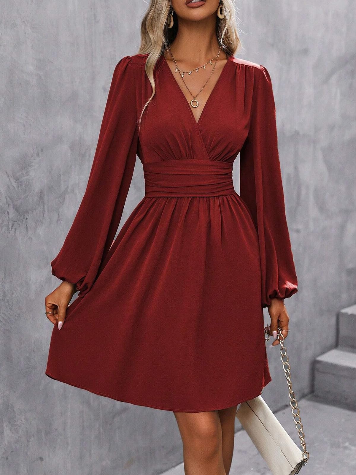 LIAMERHE Damen Elegant Kleid Langarm/Kurze Ärmel V-Ausschnitt Casual Kleider A-Linie Blumenmuster Minikleid Freizeitkleider Sommer Herbst Winter Laternenärmeln Kleid Partykleid