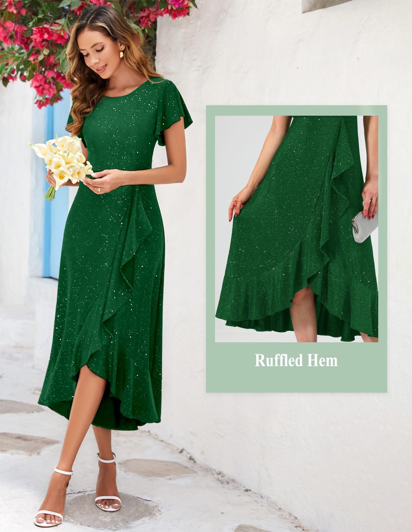 Berylove Damen Abendkleid Lang Glitzer Ballkleid mit Rüschen Saum Kleid Festliche Kleider für Hochzeit Partykleid