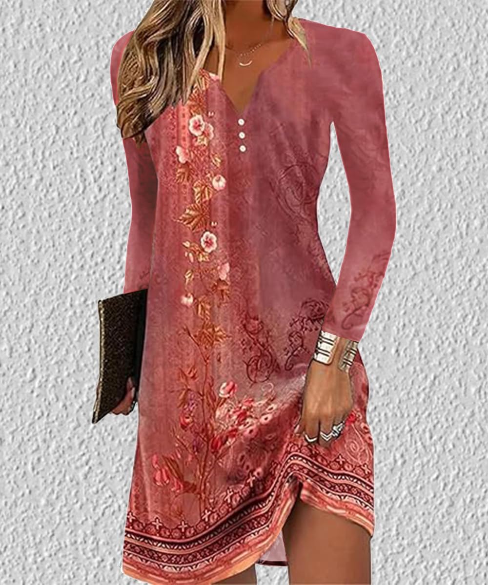 Yeenily Damen Bohemian Langarm Kleid V-Ausschnitt Blumenmuster Tunikakleider A Linien Lose Lässiges MiniKleid Freizeitkleid