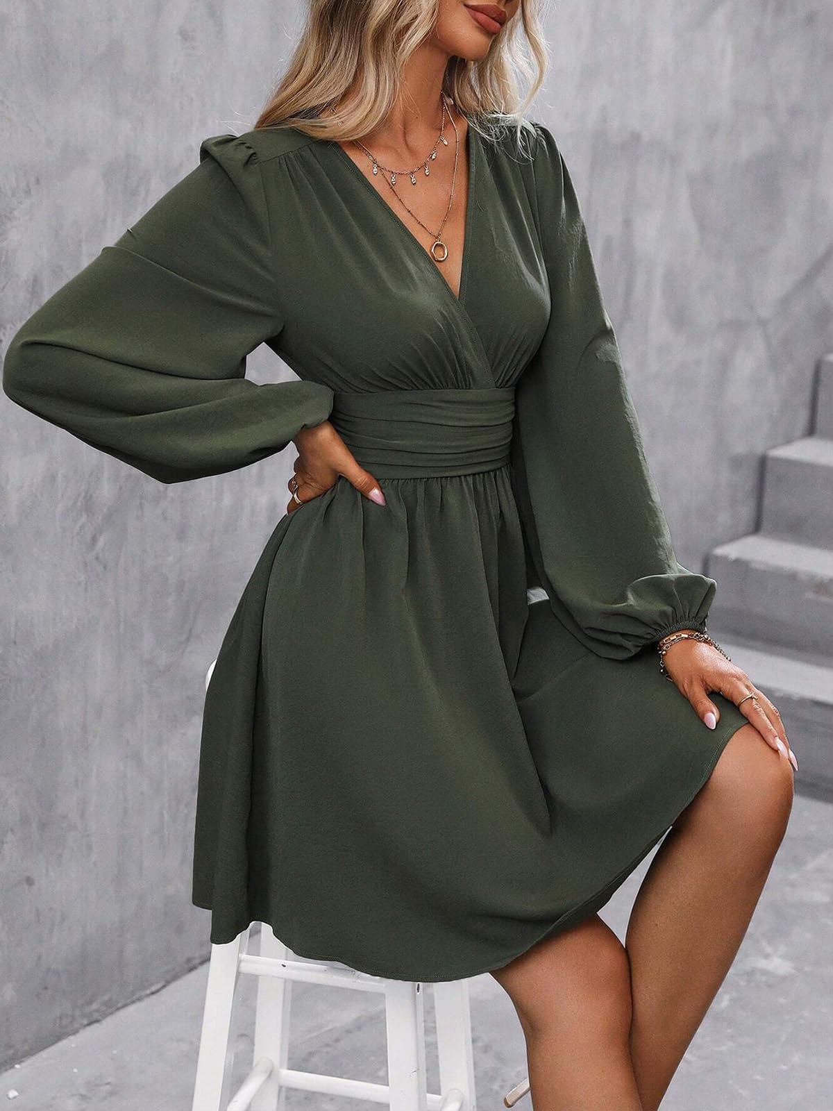 LIAMERHE Damen Elegant Kleid Langarm/Kurze Ärmel V-Ausschnitt Casual Kleider A-Linie Blumenmuster Minikleid Freizeitkleider Sommer Herbst Winter Laternenärmeln Kleid Partykleid