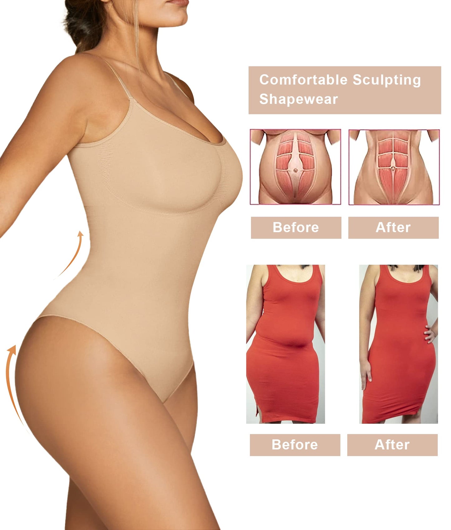 SHAPERX Shapewear Damen Bauchweg Bodysuit Formender Body Shaper Sculpting Tanga mit Verstellbarer Schultergurt