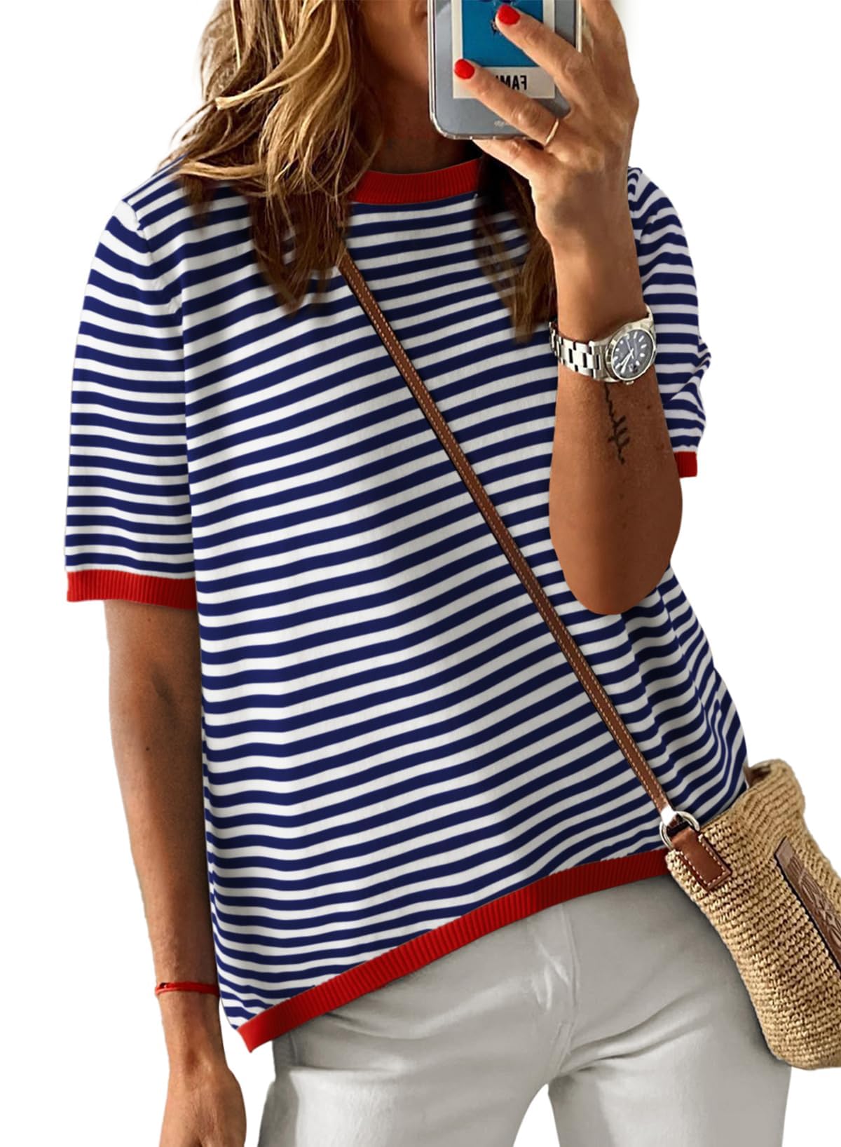 Cuptacc Tshirt Damen Baumwolle Shirt Damen Oberteile Sommer Gestreiftes Rundhals Basic Tops Kurzarm Tunika Damen Blusen Elegant Weiß Schwarz
