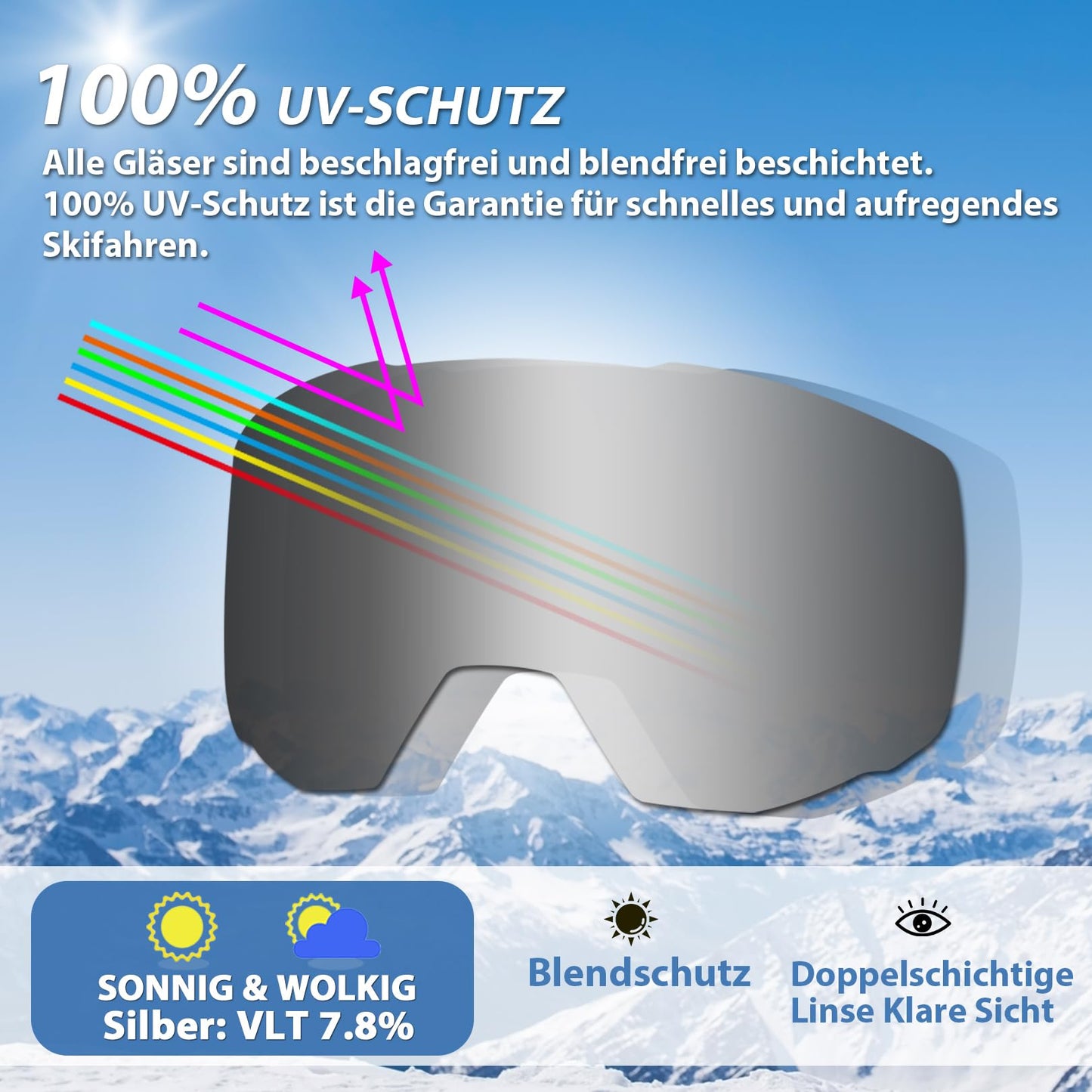 EXP Vision Unisex Ski Goggles, OTG for Men and Women, Snowboard Goggles, Snow Goggles, 100% UV Protection Ski Goggles for Glasses Wearers, Anti-Fog Snowboard Goggles, Ski Goggles