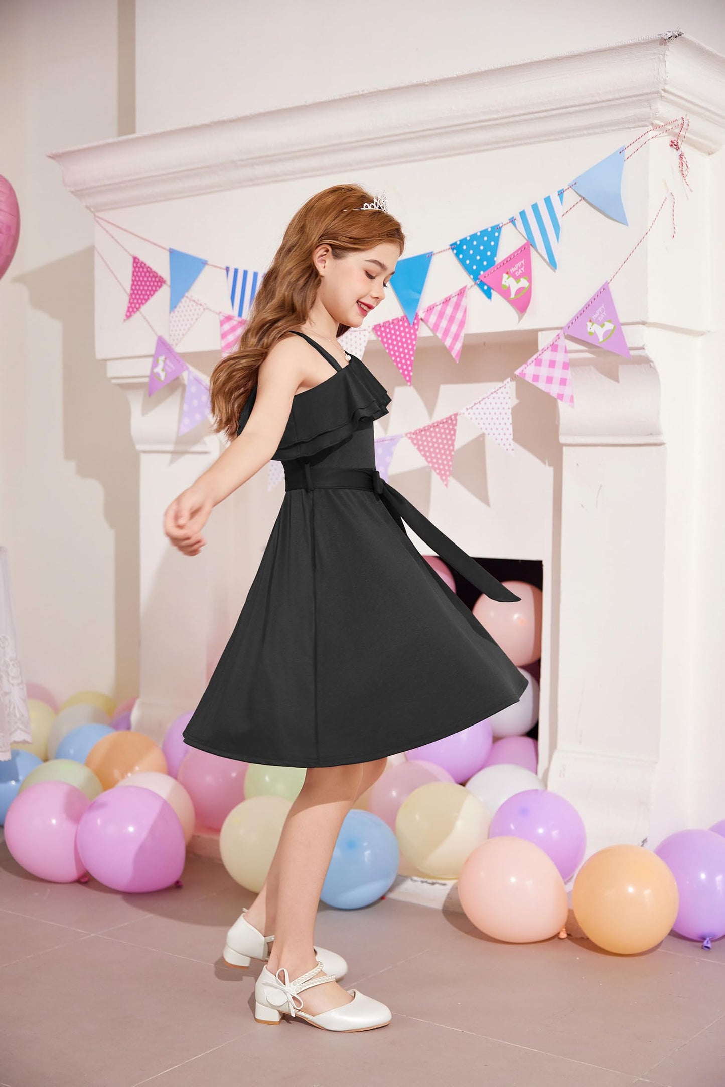 Arshiner Mädchen Kleider Eine-Schulter Kinderkleider Sommer Festliches Kleid Rüschenkragen Elegant Partykleider Swingkleid mit Gürtel ärmelloses Kleid für Mädchen 5-13 Jahre