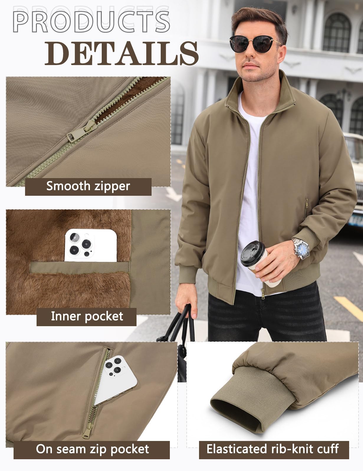 Lonya Men's Fleece Winter Windproof Bomber Jacket Full Zip Transition Jacket Flight Jacket Autumn Warm Padded Stand-Up Collar Coats Jackets